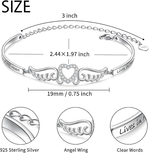 Miniatura 5 de FLYOW Pulsera de plata de ley S925 con alas de ángel en memoria de mamá, papá, abuela, abuelo, hija, hijo, pérdida, regalo conmemorativo