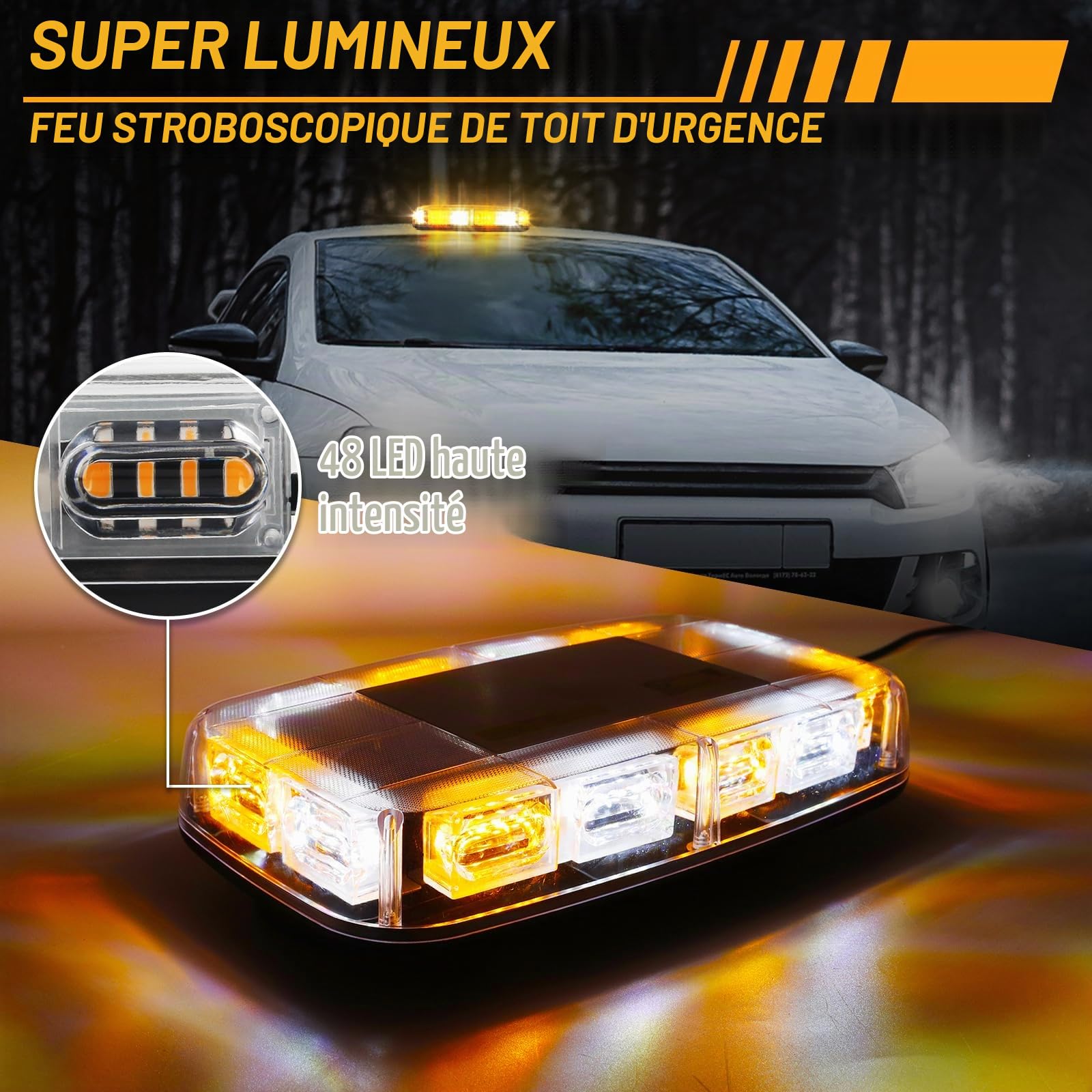 Gyrophare Magnetique LED pour Véhicule Voiture, 48W Lampe stroboscopique LED Orange 12V-24V Lampe d' Avertissement, avec 16 Flash Modes, 5m Câble Prise Allume-Cigare (Ambre& Blanc)
