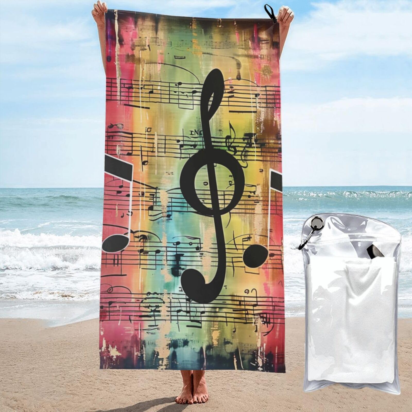 BWWHCCTI Music Note Printed Microfiber Quick Dry Beach Towel 80x160 CM, Fast Drying Bath Towels with Bags for Travel,Camping,Gym,Beach,Swimming,Yoga