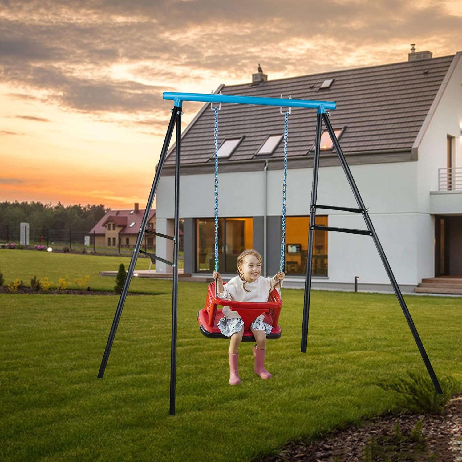 Swing Frame for Backyard 440 lb Heavy Duty A-Frame Metal Outdoor Swing Frame, Fits Most Swings, Saucer Swing Yoga Swing Frame, Sky Blue, 73"