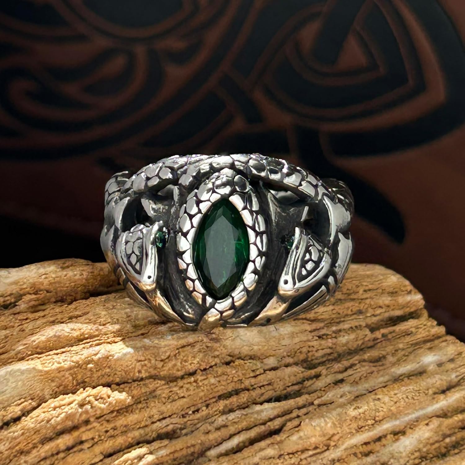 bahamut Mens Aragorn Rings of Barahir,Green Gemstone,Double Snake Ring, Ring of the King,LOTR Cosplay Jewelry