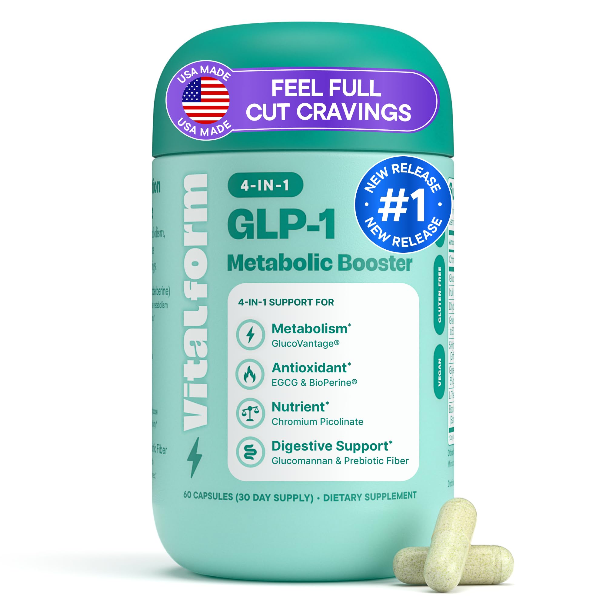 GLP-1 Metabolic Support Supplement – 4-in-1 Formula for Appetite Control, Cravings, Digestion, Energy & Weight Management – With GlucoVantage®, Berberine, Inulin & EGCG – Vegan Capsules : Health & Household