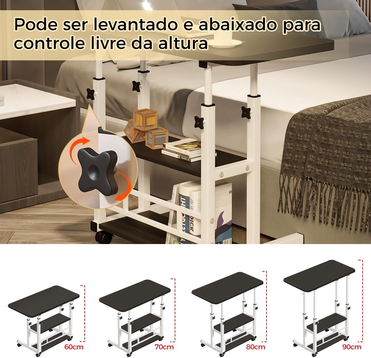 Mesa portátil para sofá e cama, mesa lateral para laptop com altura ajustável (Preto)