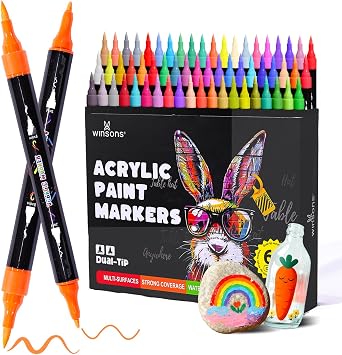 WINSONS Acrylic Markers, 60 Dual-Tip Paint Pens for Rock Painting, Colouring Books, Mugs, Canvas Shoes, Metal, Scrapbooking - Quick Dry, Brush & Fine, Drawing Markers
