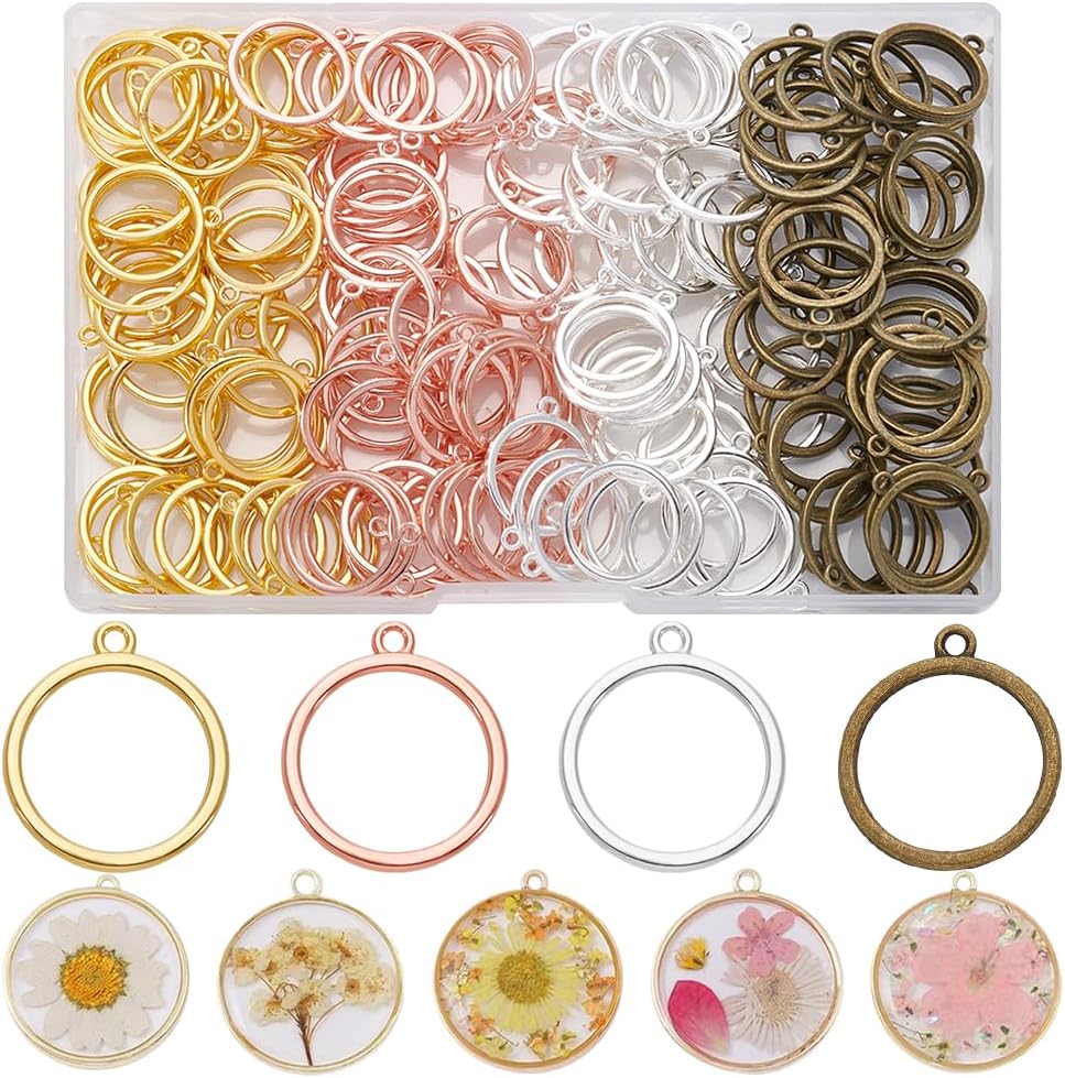WADORN 180Pcs 2 Colors Round Open Bezel Connector Charms, Hollow Circle Bezel Round Linking Charms Metal Round Blanks Bezel Frame Pendants for Women DIY Jewelry Necklace Earring Making Supplies