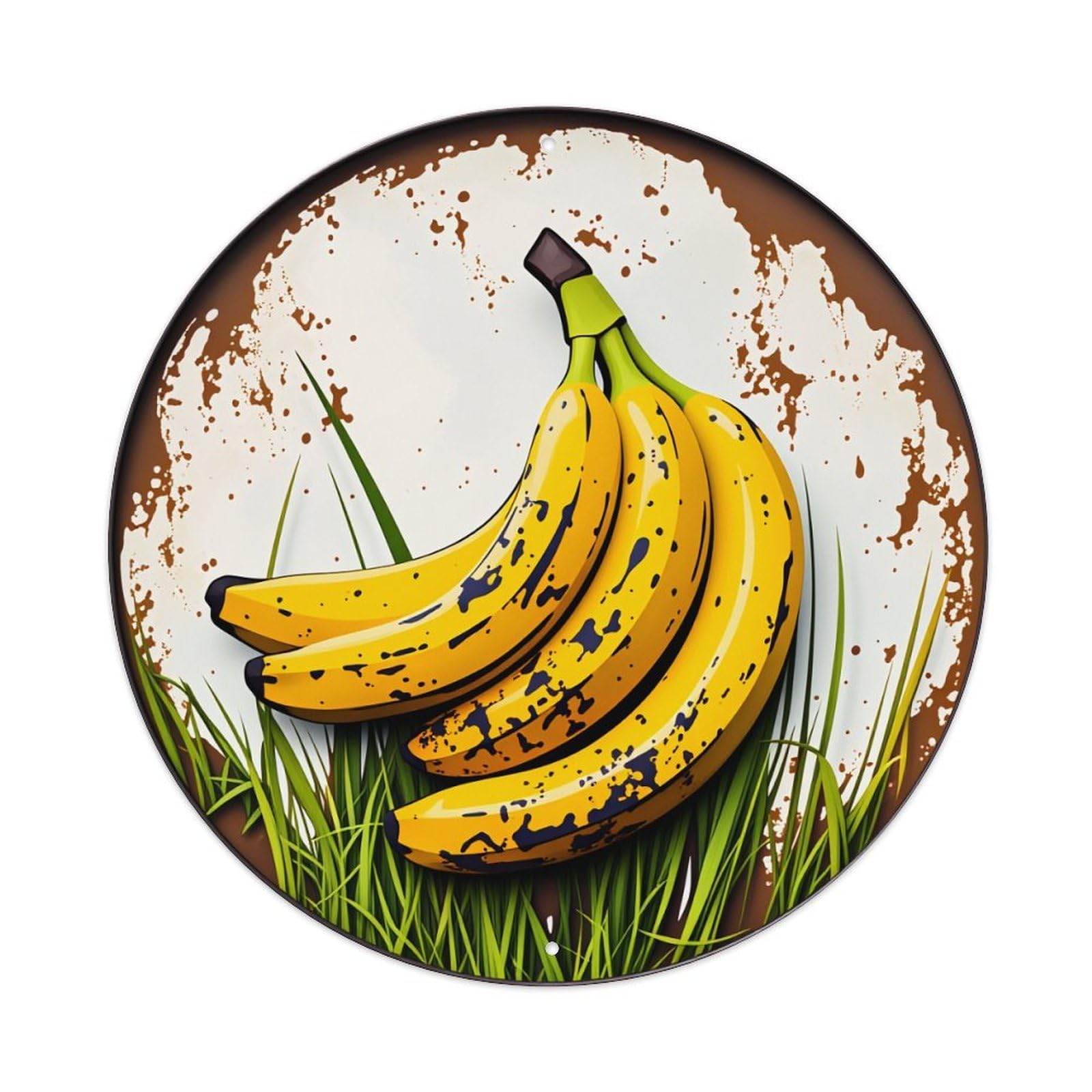 Banana Cluster On Grass Background Round Tin Sign Vintage Style Metal Sign Home Bar Garden Wall Plaque Decor Metal Poster 8x8 Inch
