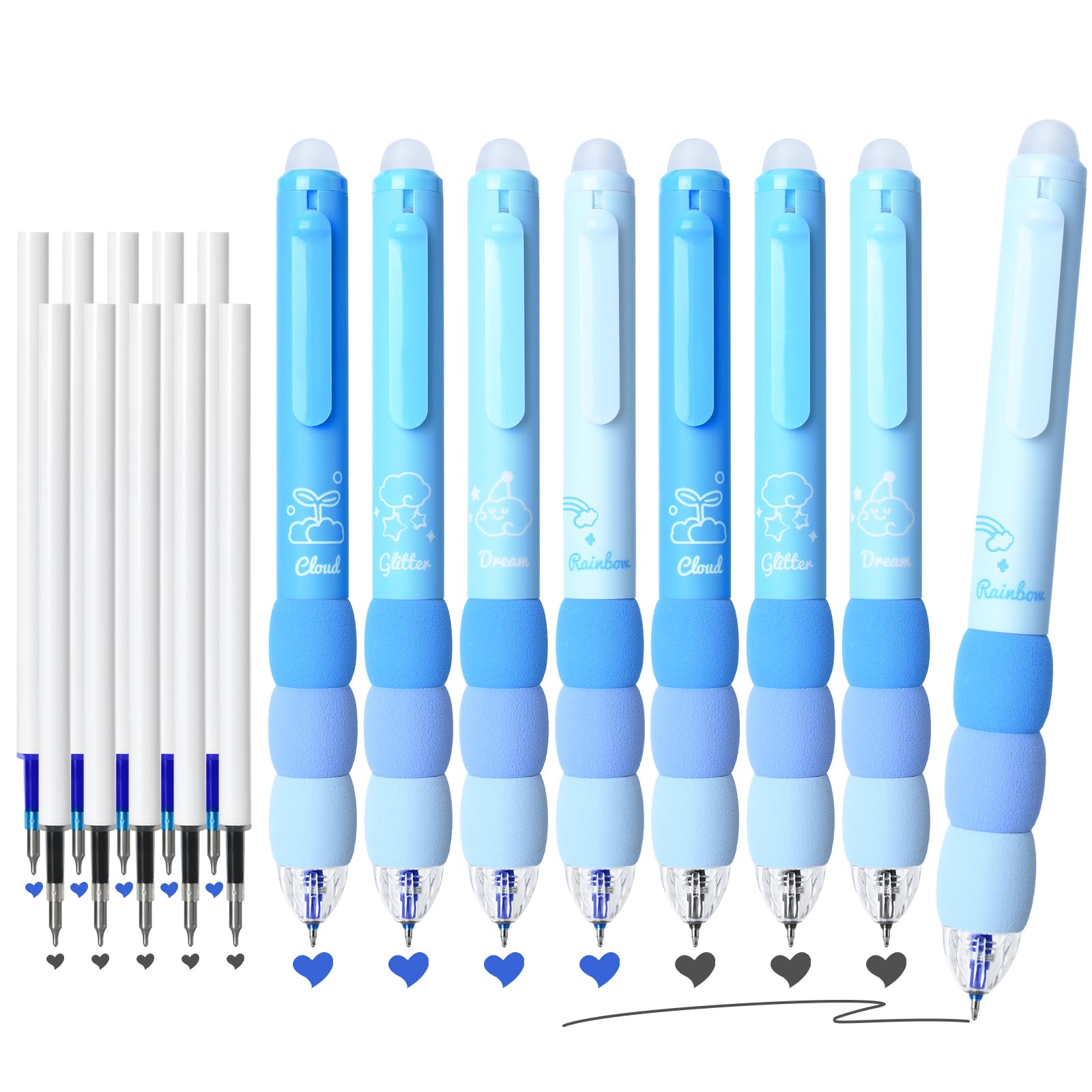 Temiary 18Pcs Aesthetic Retractable Erasable Gel Pens, Make Mistakes Disappear, 8 Pens & 10 Refills, Cartoon Smooth Writing Pen, 0.5 mm Black & Blue