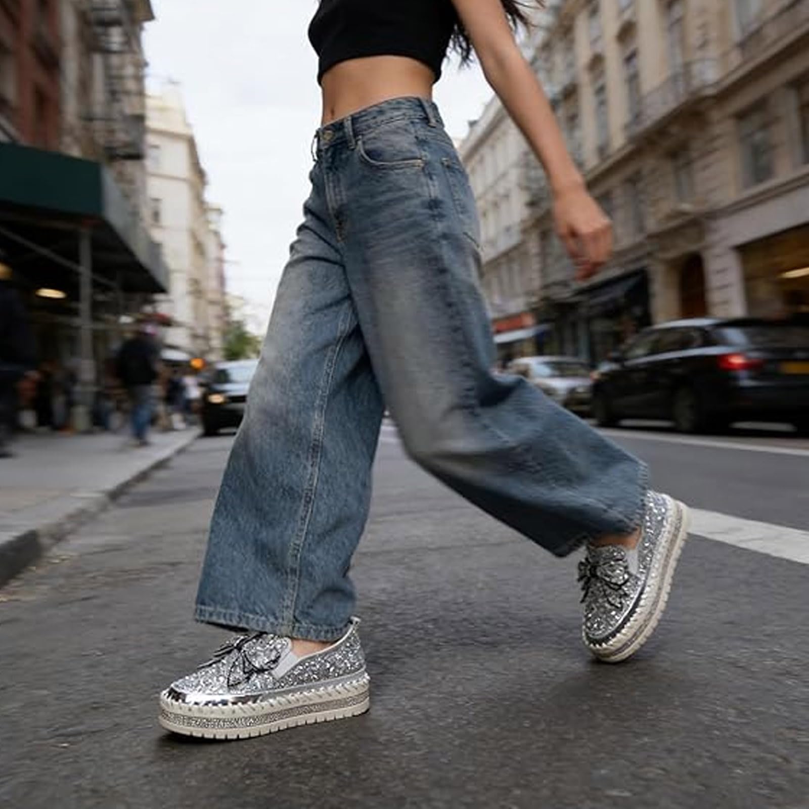 Mocasines de plataforma con lazo de diamantes de imitación para mujer, zapatos casuales con cristales brillantes para caminar, tenis de lentejuelas con purpurina para fiesta, boda, club nocturno