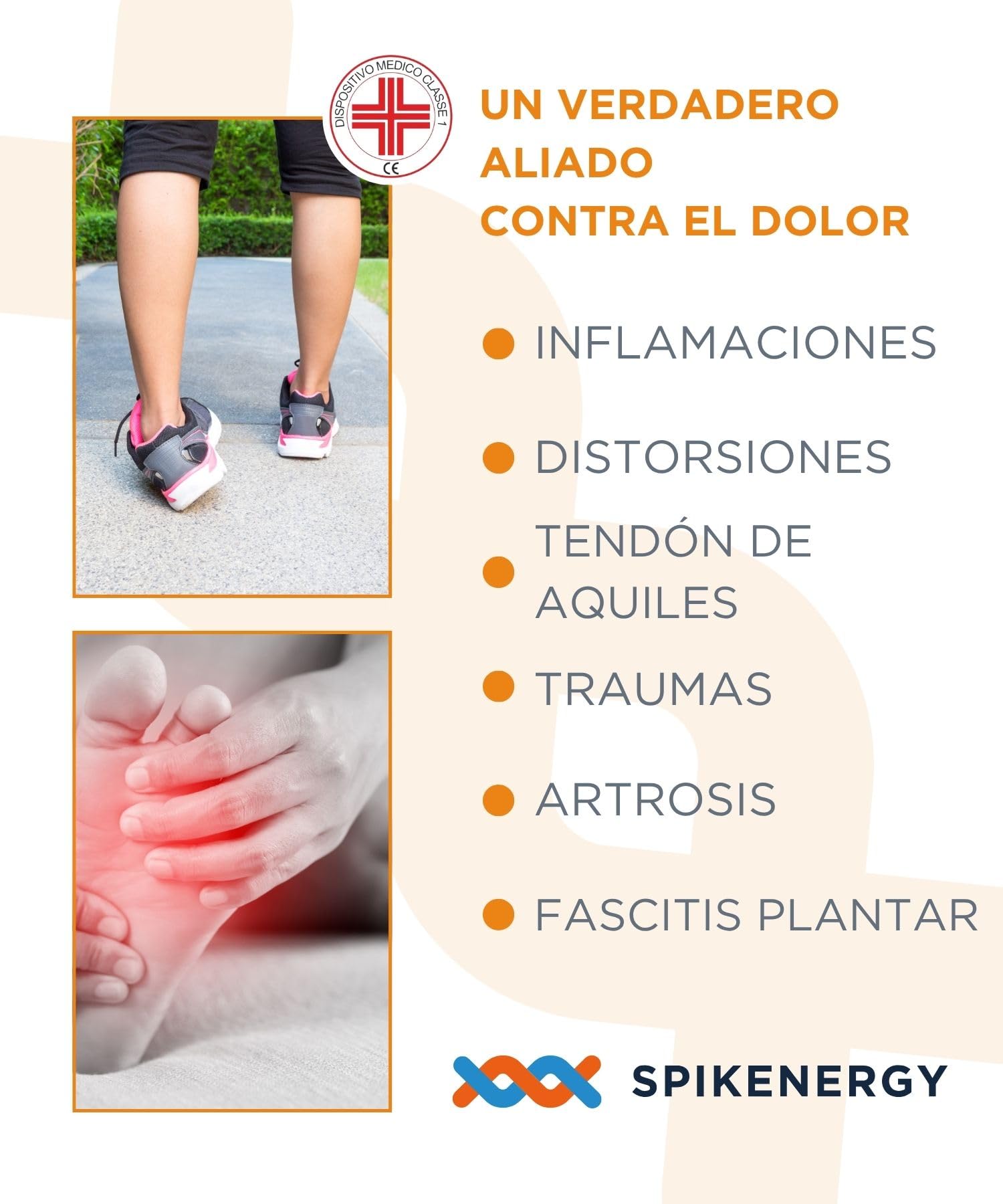 Spikenergy Tobillera para Esguince Electro Magnetoterapia - Fascitis Plantar Mujer y Hombre, Inflamaciones, Dispositivo Médico Deducible - Made in Italy, Beige, L