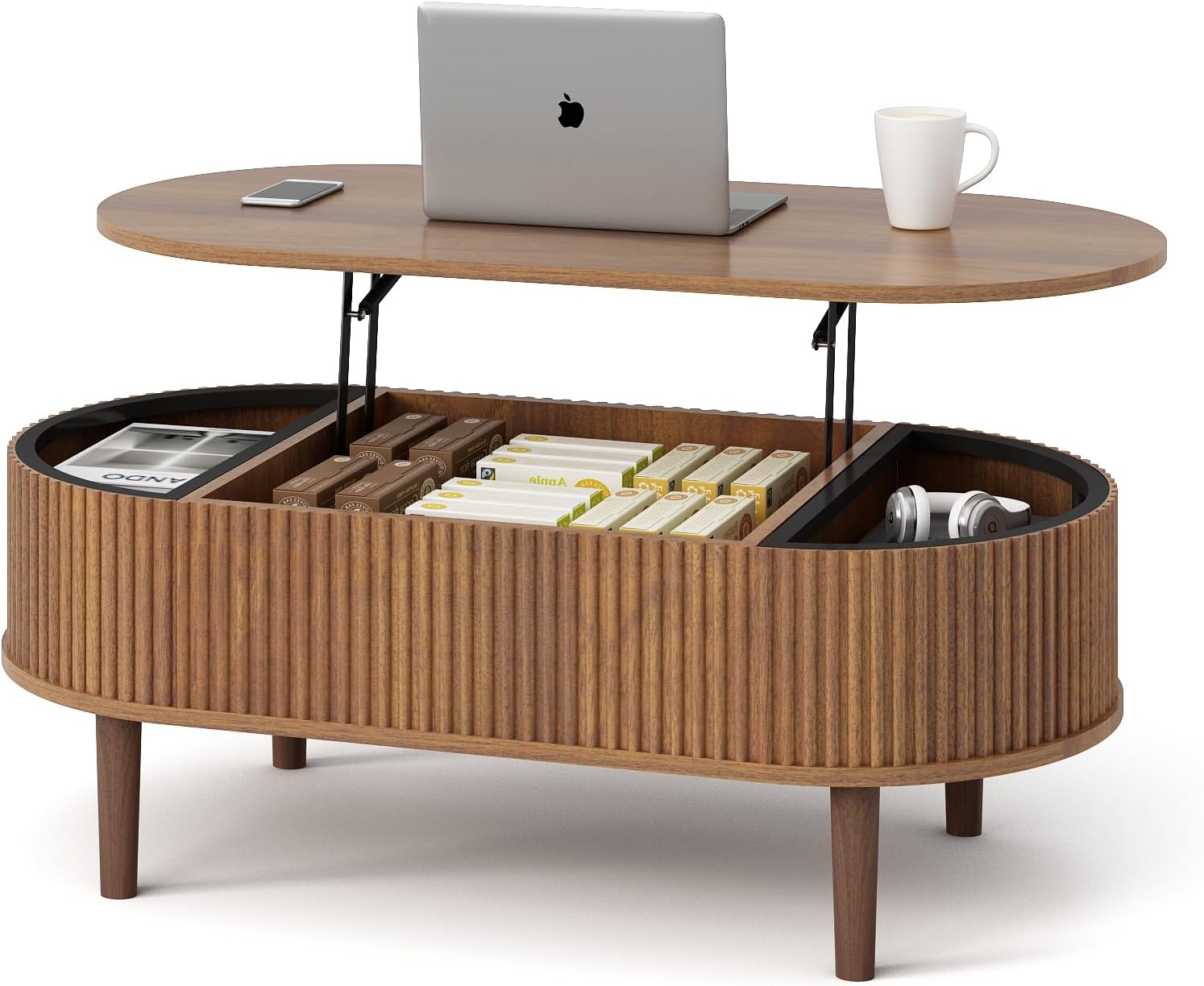 Ludatido 39 Inch Lift Top Coffee Table with 3 Storage for Living Room, Oval Coffee Table with Hidden Compartment, Fully Wooden Center Easy to Assembled for Home Living Room Office Brown