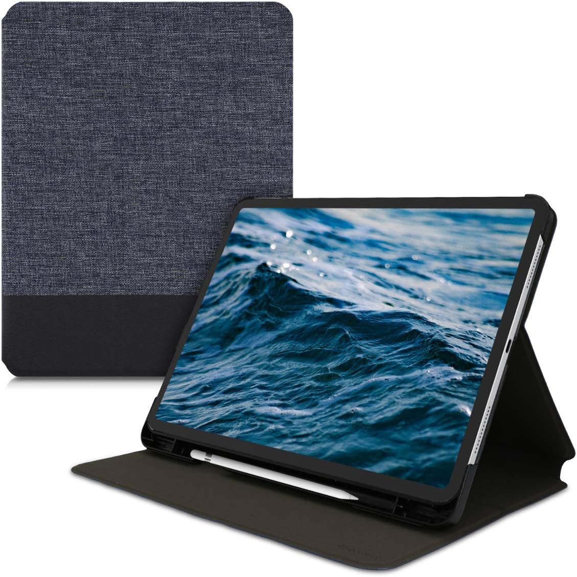 kwmobile Case Compatible with Apple iPad Air 5. Gen (2022) / iPad Pro 11" (2020) - PU Leather and Canvas Cover with Stand Feature - Dark Blue/Black