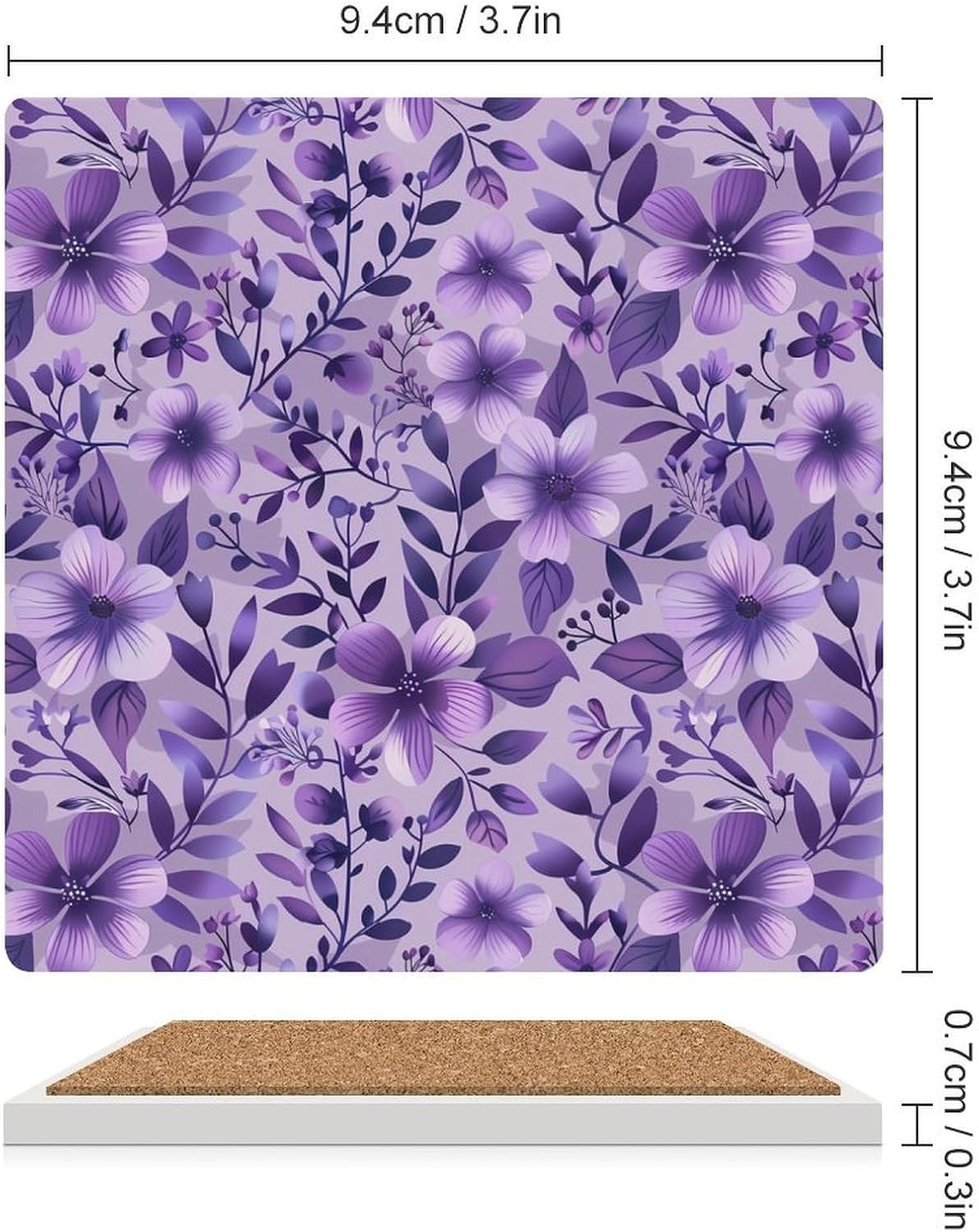 Lavender Purple Floral Print Coaster for Drinks Square Ceramic Table Coasters Stone Mat Crafts 4PCS Home Kitchen Decor
