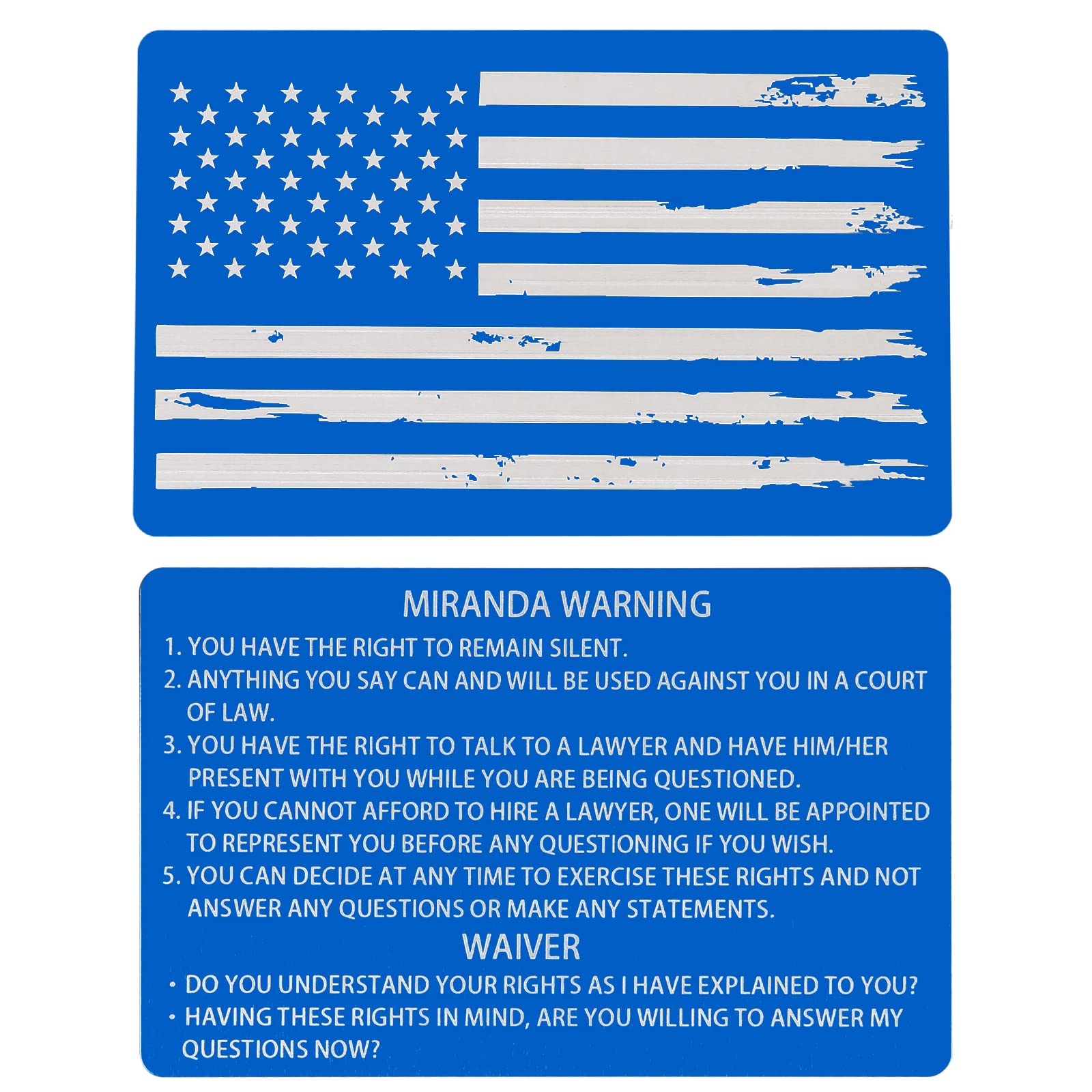 Seeback 3/6/12/24 PCS Metal Miranda Card with Torn American Flag on the Back, Black Metal Miranda Warning Card Miranda Rights Cards Police Gift (12 PCS, TornBlue)