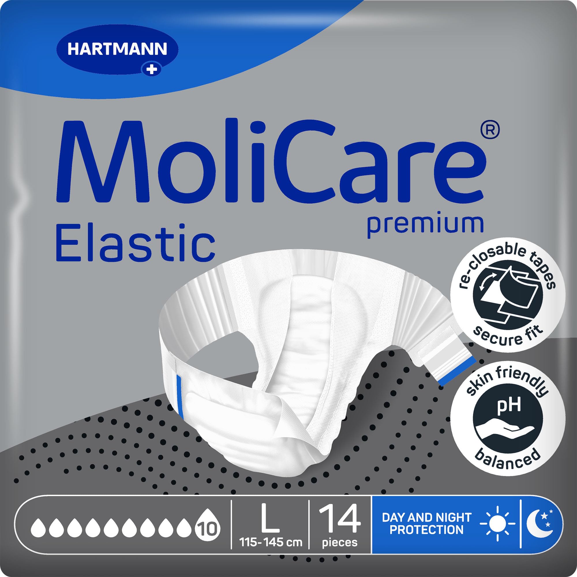 MoliCare Premium Elastic Adult Nappies – 10 Drop | High Absorbent Disposable Night-Time Nappies for Men & Women with Very Severe Incontinence | Size L | Pack of 14