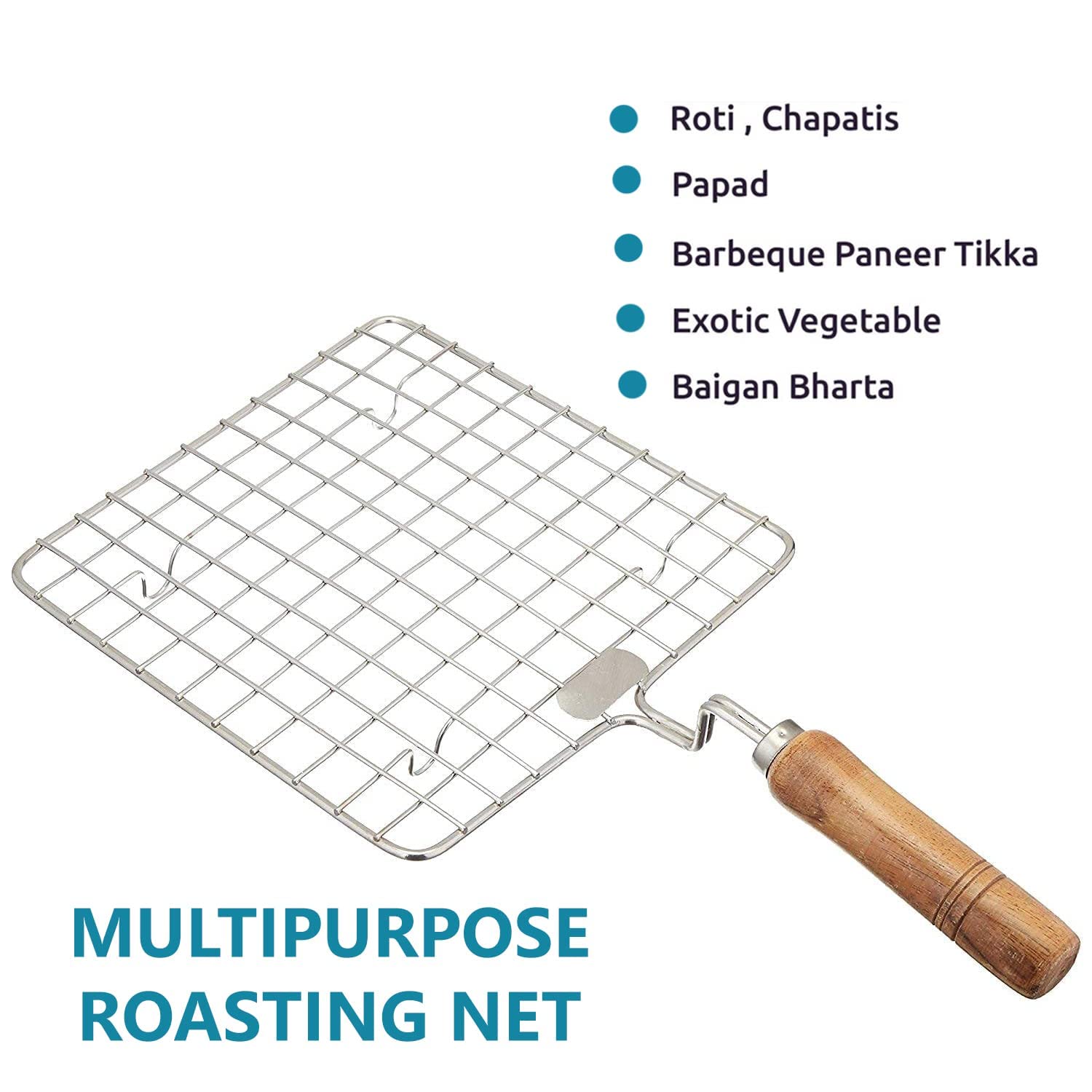 LMR3 Kitchen Square Stainless Steel Roaster Papad Jali, Barbecue Grill with Wooden Handle (Pack of 2) 4