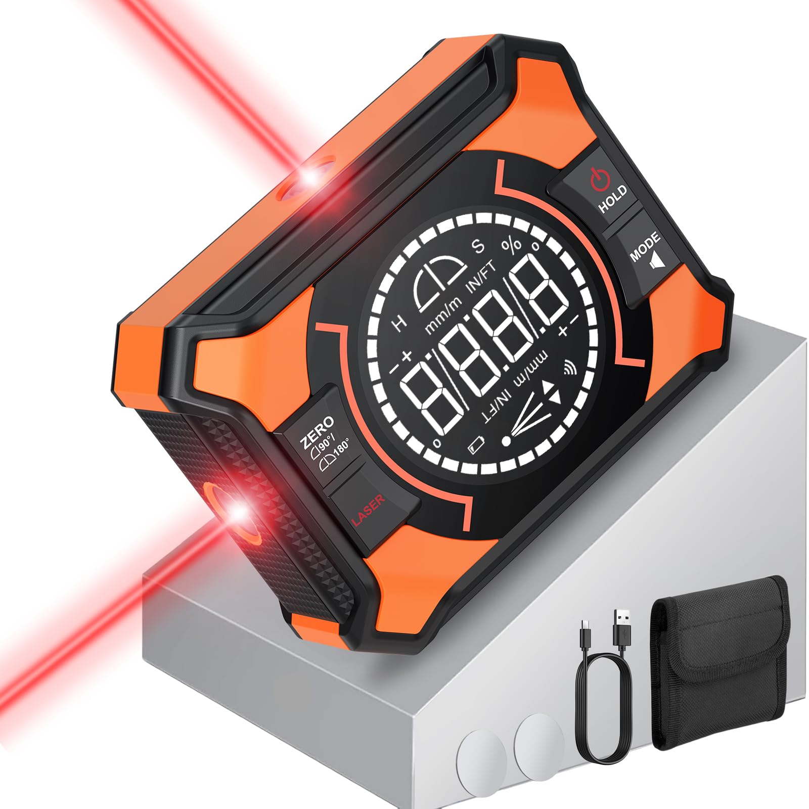 3 IN 1 Digitaler Winkelmesser, Laser Wasserwaage Neigungsmesser mit Magnet Aufladbar Winkelmessgerät 0-90° & 0-180°, Wasserwaage 10m Kreuzlinien Laser für Rohr- Holzarbeitung Hängerahmen Sägen