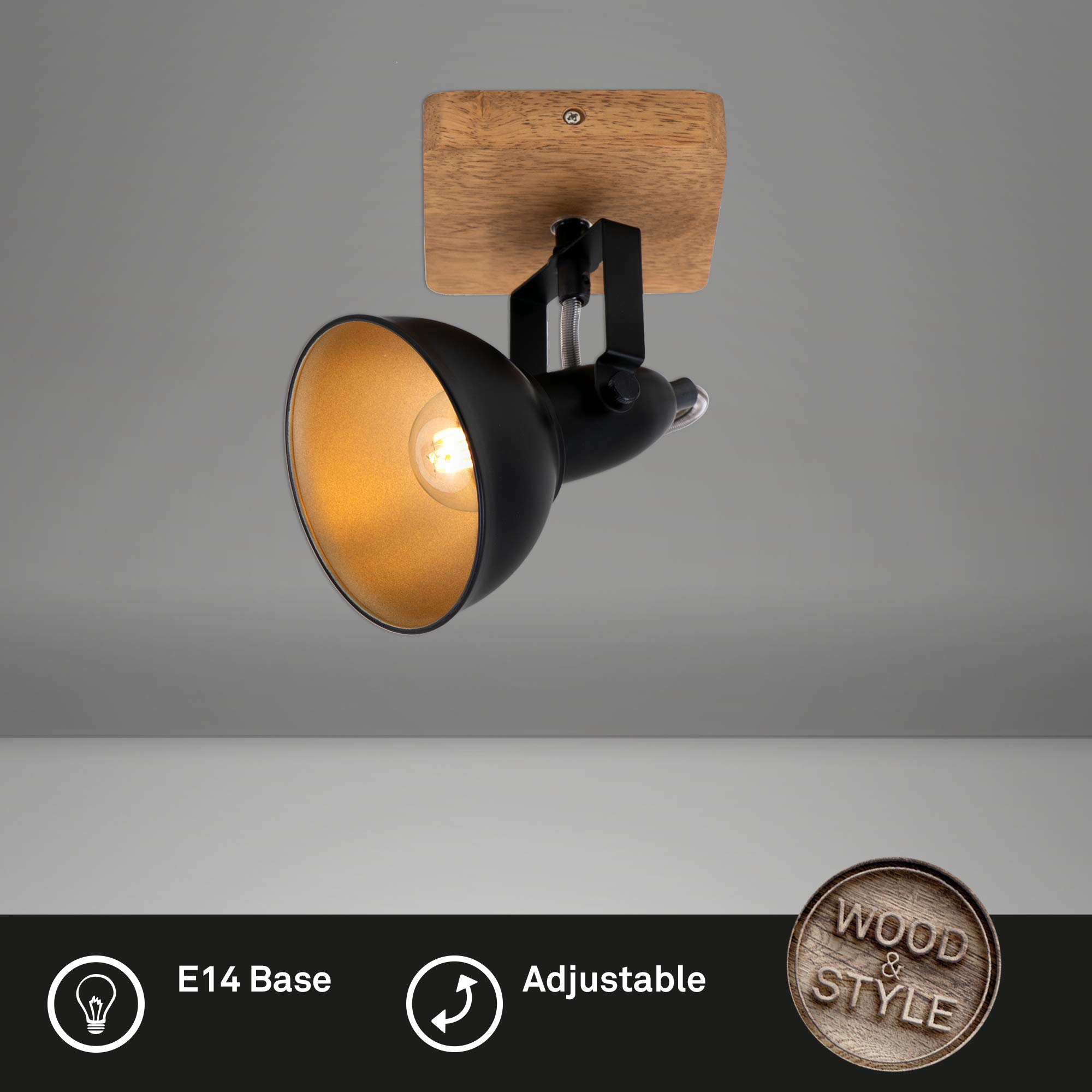 BRILONER - Wandleuchte Innen schwenkbar, Vintage, Holzbasis, Wandlampe, Wandstrahler, Leselampe Bett, Deckenlampe, Wohnzimmer, Leselicht, Wandbeleuchtung, 11x11x15,7 cm, Schwarz-Gold