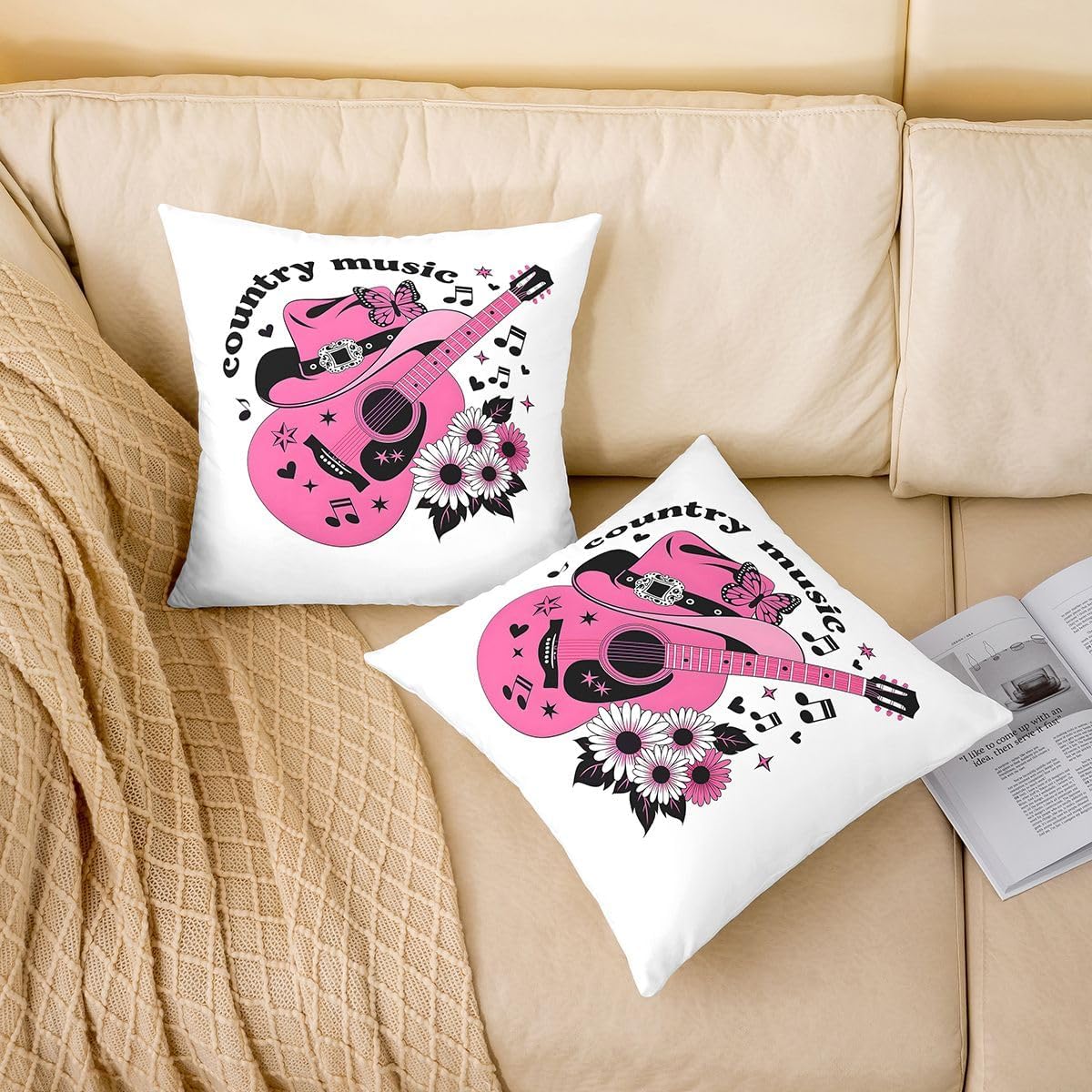 Country Music Throw Pillow Covers 16x16 Set of 2 Pink Guitar Cowgirl Boot Hat Daisy Cushion Cover Y2K Aesthetic Girly Room Decor Throw Pillow Case For Bed Couch Sofa Rustic Western Music Home Decor image 2