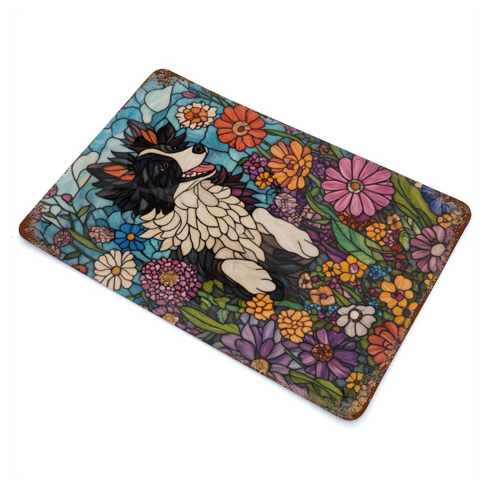 Stained Glass Dog in Flowers 11.8"x7.9" Rustic Tin Plaque, Industrial Home Decor for Farmhouse, Kitchen And Entryway Decor