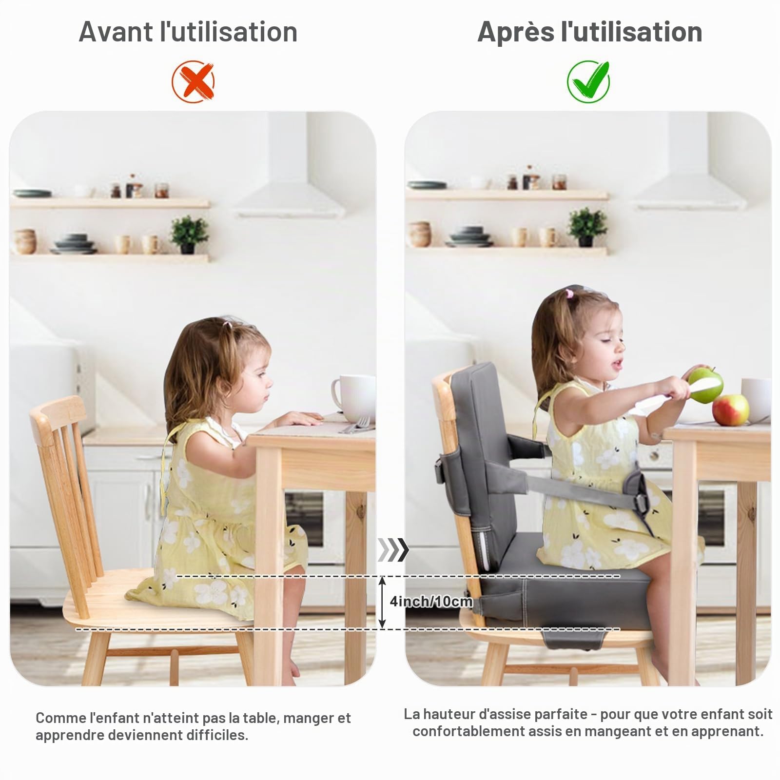 Rehausseur Chaise Enfant PU Lavable Rehausseur Chaise Bebe Antidérapant Rehausseur De Chaise Coussin Rehausseur Chaise Enfant Portable avec Dossier et Sangles de Sécurité Réglables en 3 points