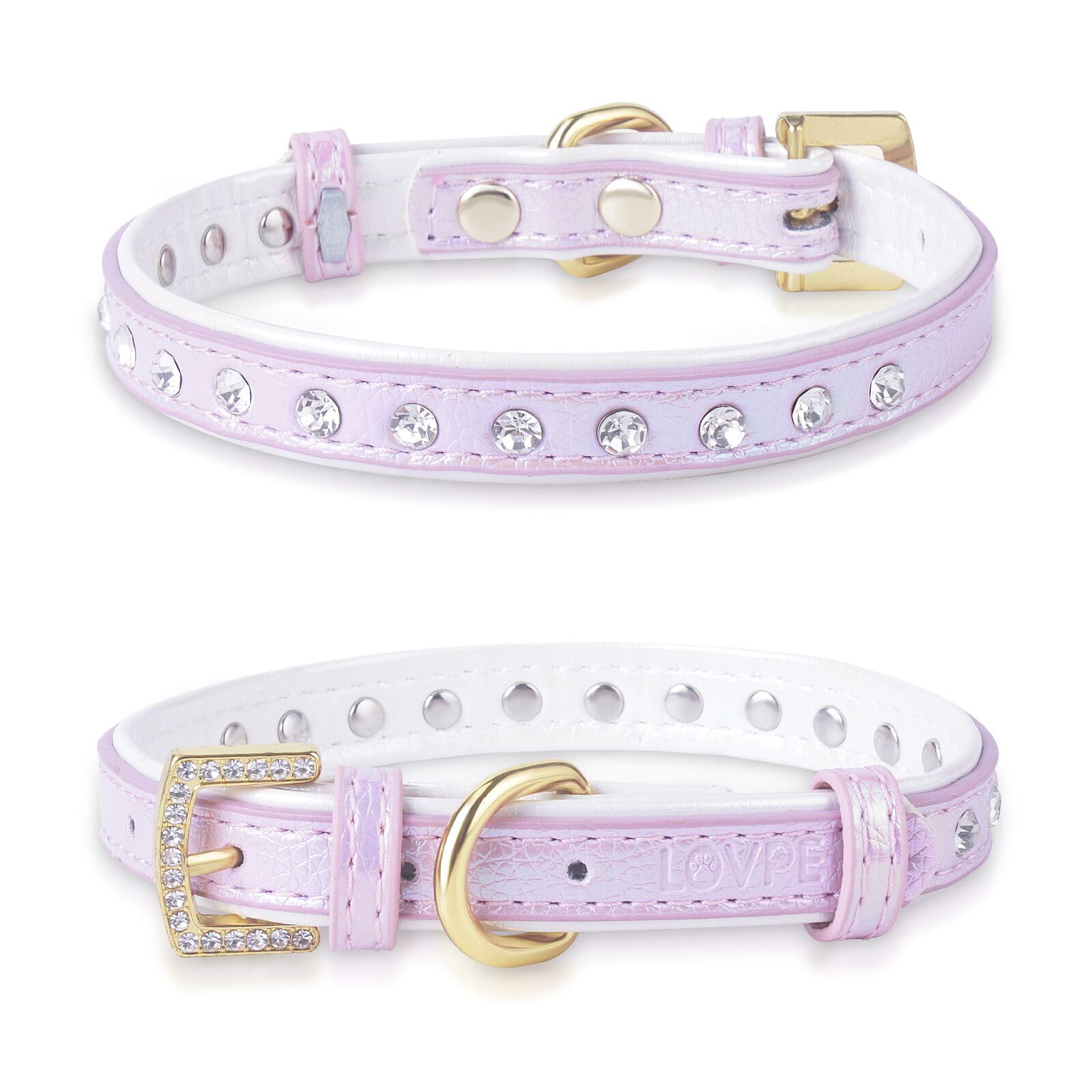 LOVPE Dog Collar Bling Leather with Studded Diamonds Glamorous Rhinestone Gold Buckle Accessory for Small to Medium Dogs,Cats,Girl & Boy Puppies