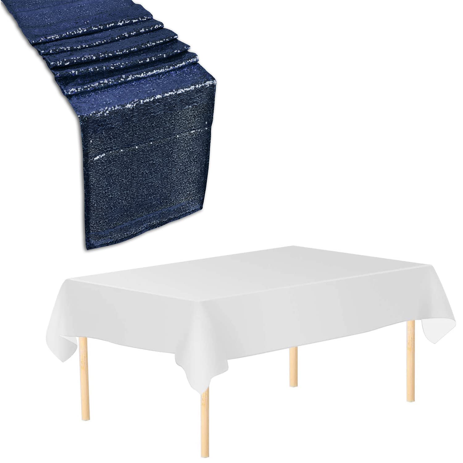 Trimming Shop Tablecloth Table Runner Set, 3 Pack White Disposable Table Cover Waterproof Plastic Tablecloth & 3 Pack 11" x 108" Navy Sequin Table Runner for Birthday Wedding Christmas Party