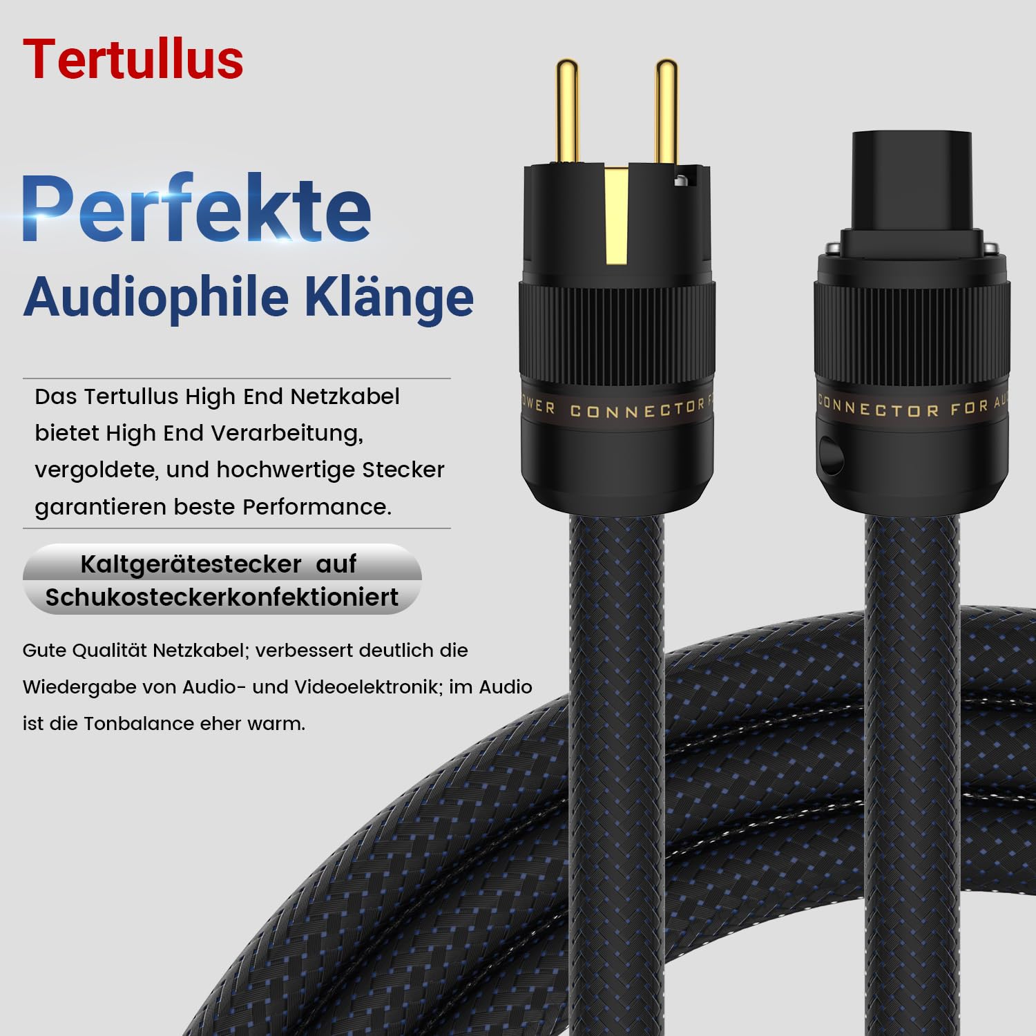 Tertullus HiFi - Cavo di alimentazione High End C15, cavo di alimentazione HiFi audio, con spina Schuko e spina per dispositivi freddi (P104-c15, 2 m)