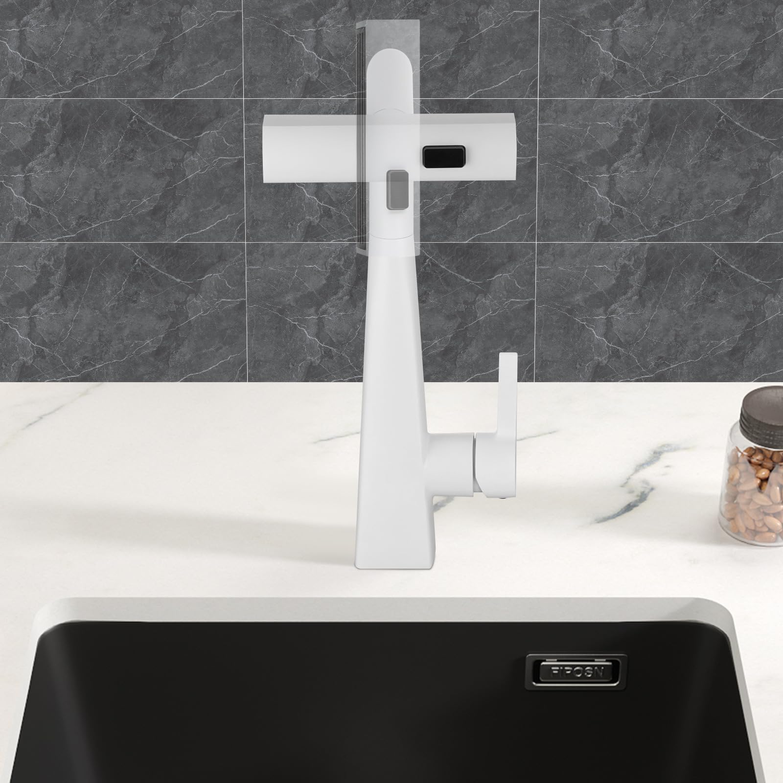 Robinet de cuisine rotatif à 360 ° - Extensible - Avec douchette - Mitigeur de cuisine avec douchette - 3 modes - En acier inoxydable - Blanc