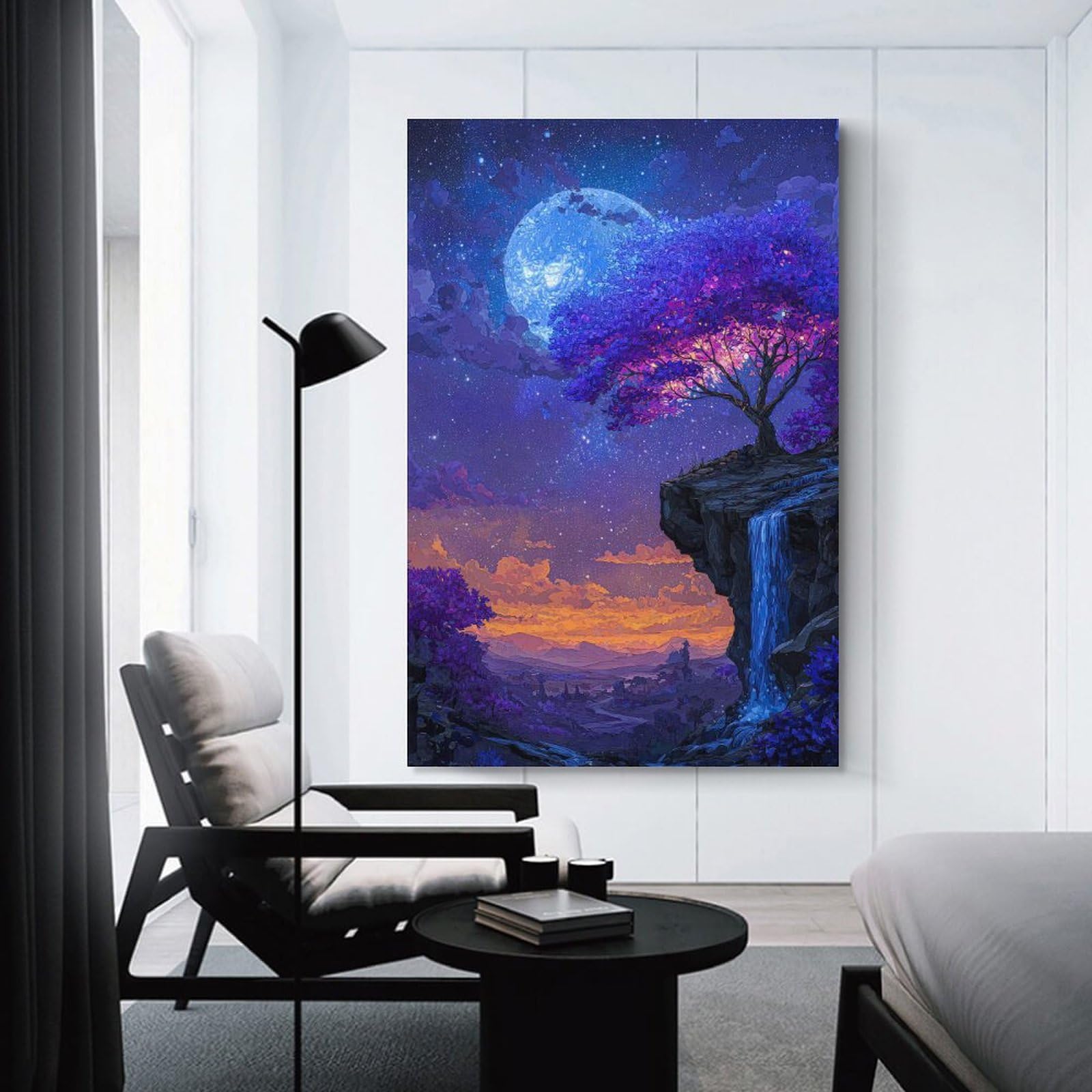 Junmoney Enchanted Night Landscape with Waterfall Home Decor Wall Art, 24x36inch(60x90cm), for Apartment Walls, Studios Or Work Areas, Wall Decor with Flexible Room Appeal