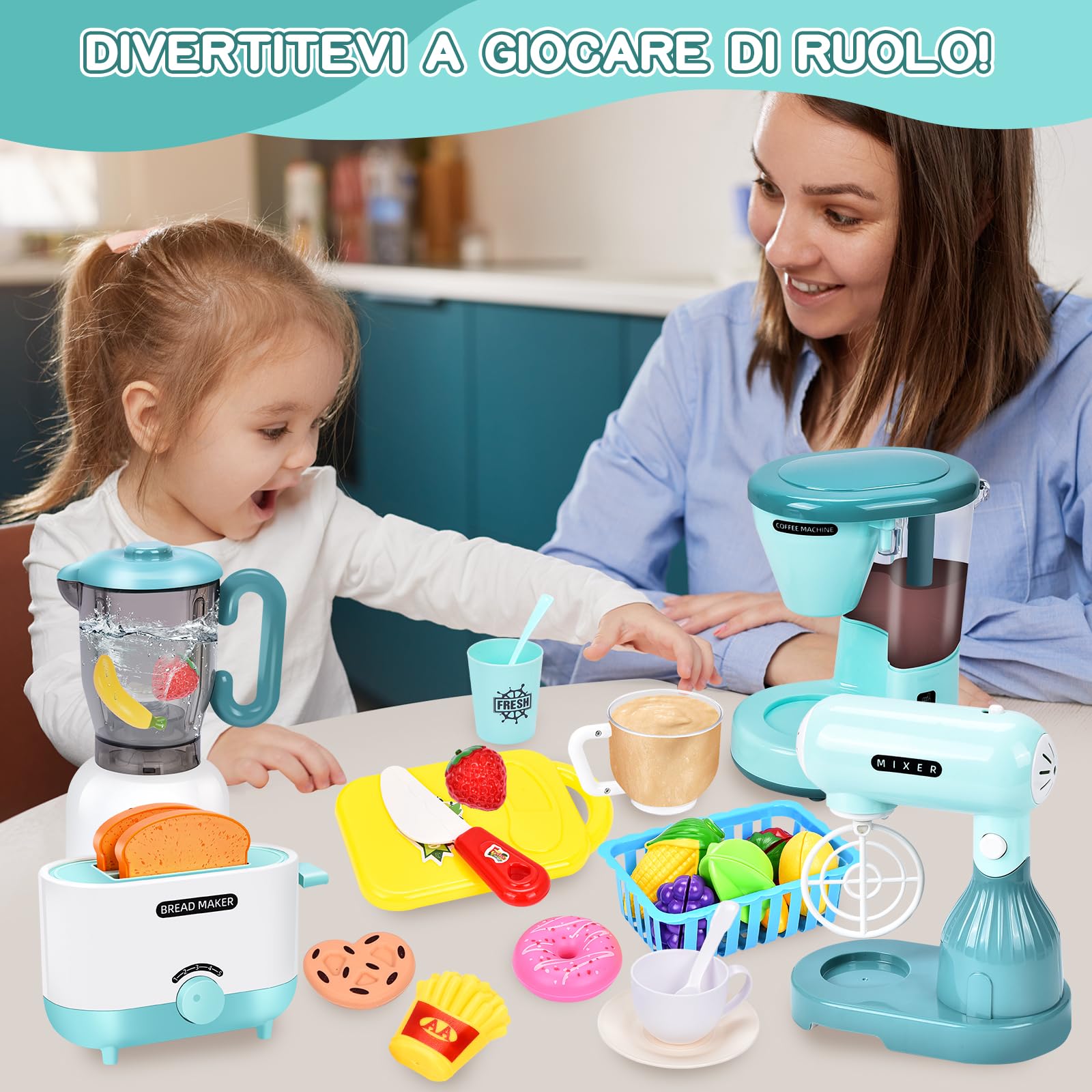 Aragallant Cucina Giocattolo per Bambini, Accessori Cucina Bambini con Macchina Caffe, Frullatore, Mixer, Tostapane, Set di Elettrodomestici Regalo per Ragazzi e Ragazze 2 3 4 5 6 Anni