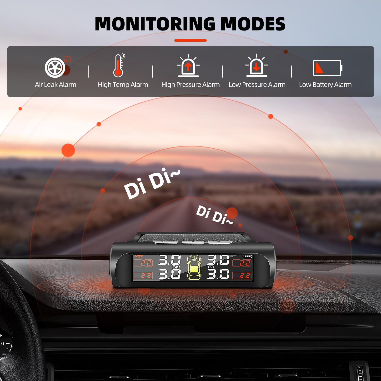 Geloo Solar TPMS Sistema de Monitoreo Control de Presión de Neumáticos con 4 Sensores,5 Modos de Alarma,5 Bar para Caravana Sedán SUV Coche