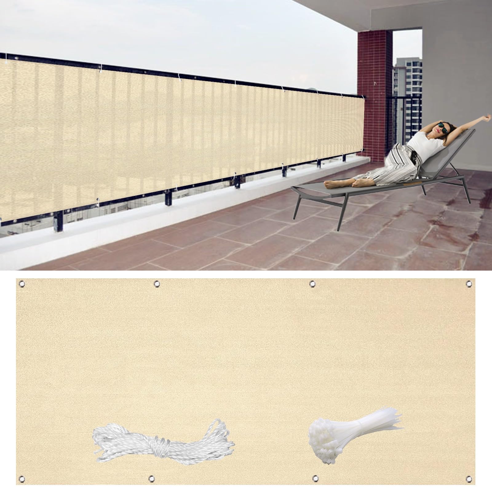 Telo Privacy per Balcone Giardino 115 x 250 cm Copri Ringhiera Balcone, Telo Frangivento da Esterno Protezione della Privacy Frangivento in HDPE per Balcone e Terrazza, Color Crema