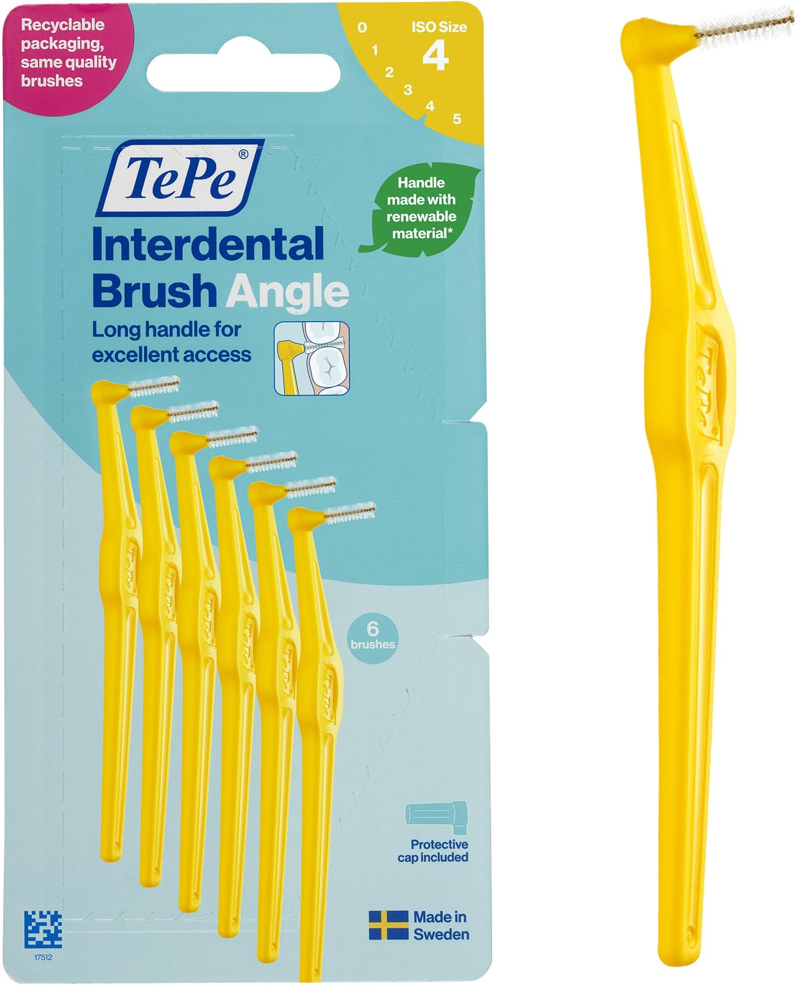 TePe Interdental Brush Angle, Yellow, 0.7mm/ISO 4, 6pcs, Plaque Remover, Easy and efficient Cleaning Between Teeth, Tooth Floss for Small Gaps, Carton Pack