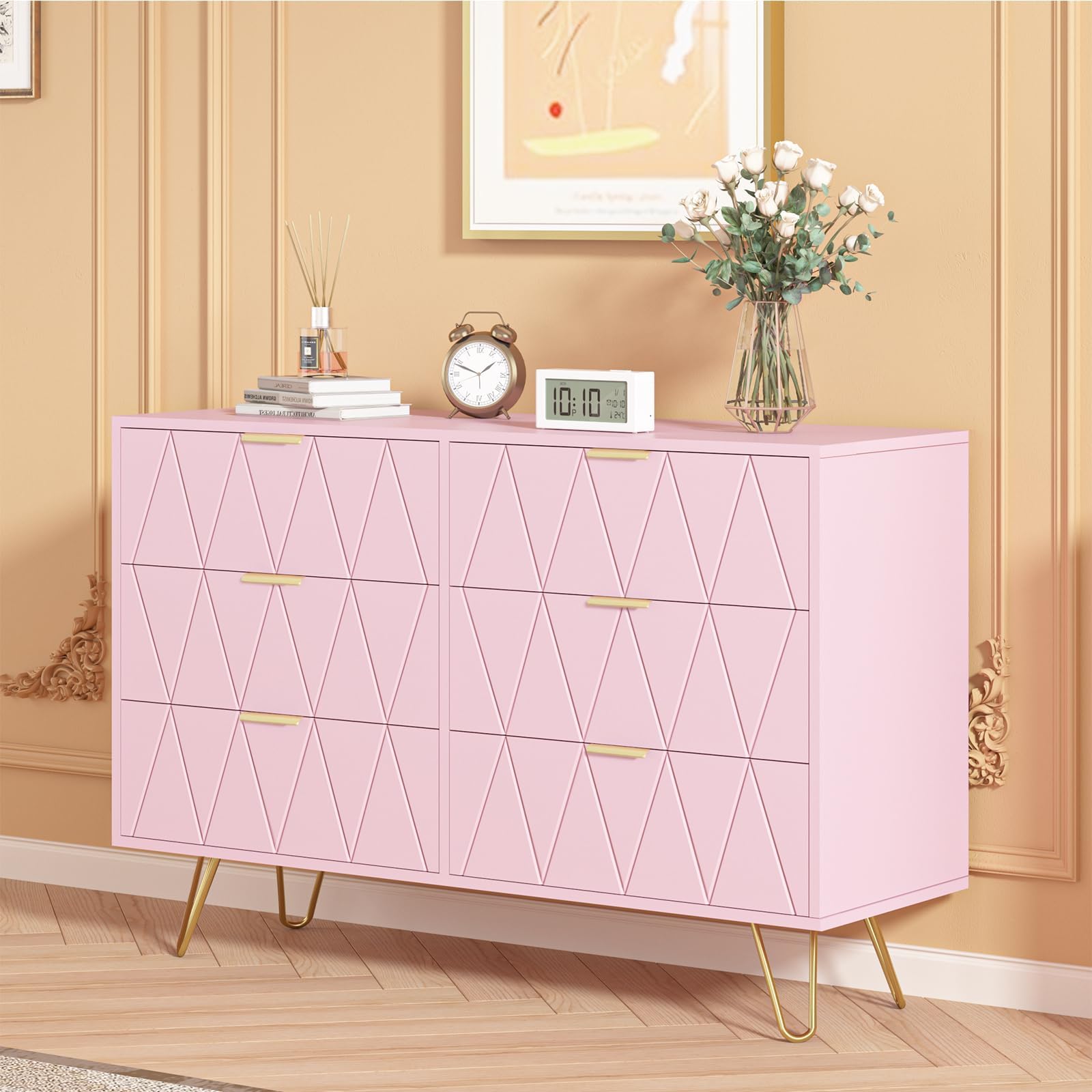 4 EVER WINNER Pink Dresser for Bedroom, Dresser for Girls Bedroom with 6 Wide Drawers and Storage, Pink Dresser with Gold Handles and Legs, Wood Dressers & Chests of Drawers for Girls