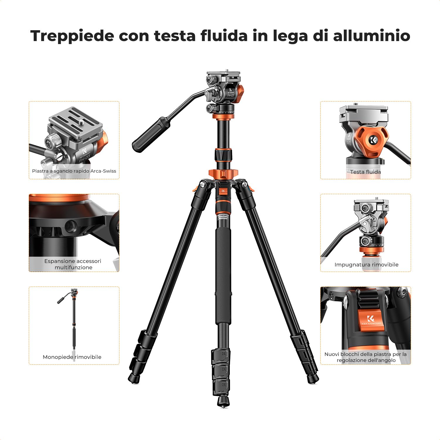 K&F CONCEPT Treppiede Fotocamera 202cm, Treppiede Video Professionale con Testa Idraulica, Treppiede da Viaggio in Alluminio, Cavalletto Fotografico con Monopiede Smontabile, Portata 5kg, K234A7