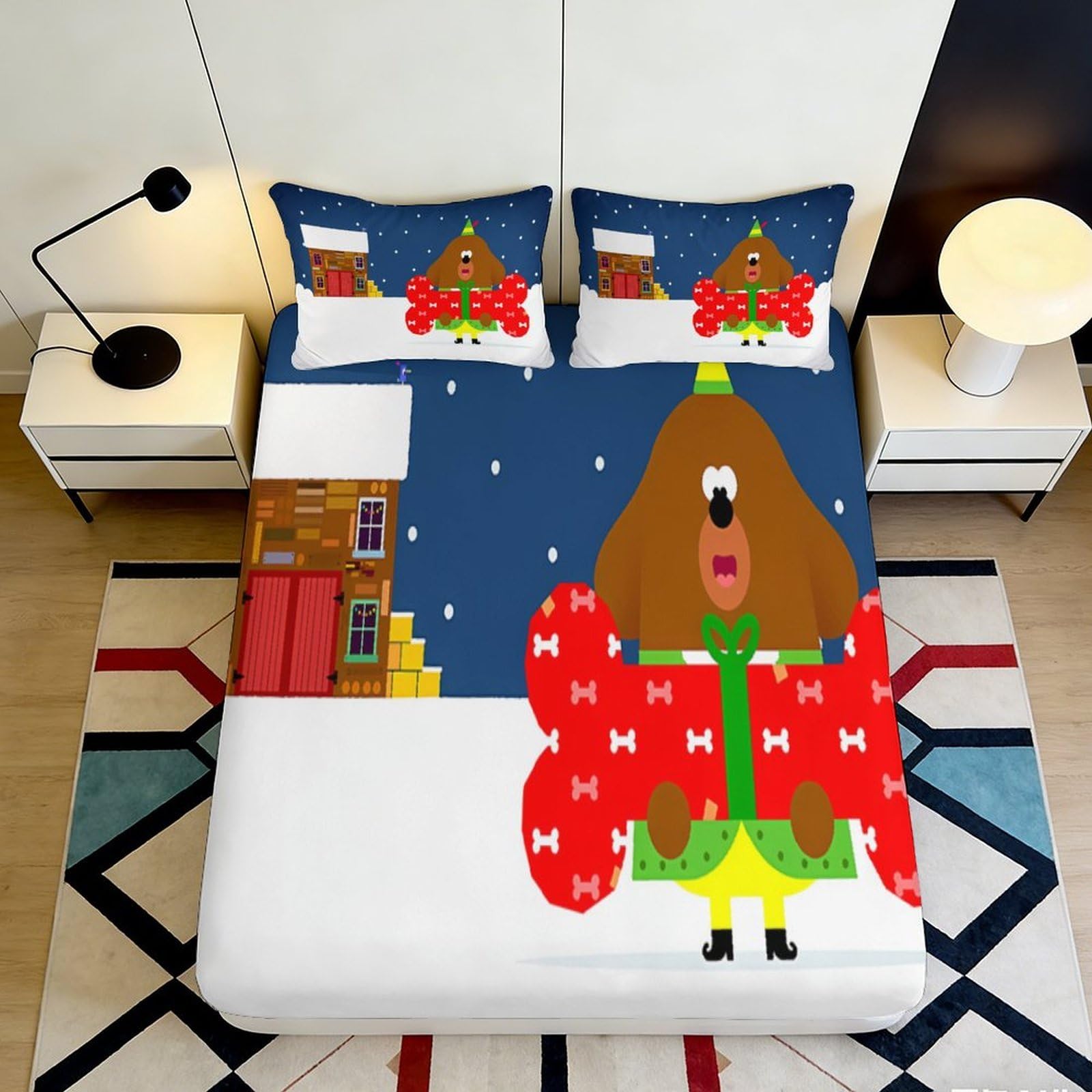 3D Printed Cartoon Dog Fitted Sheet Microfiber Soft Blue Red Christmas House Mattress Cover for Bedroom Dorm Home Decor 90x200x25cm