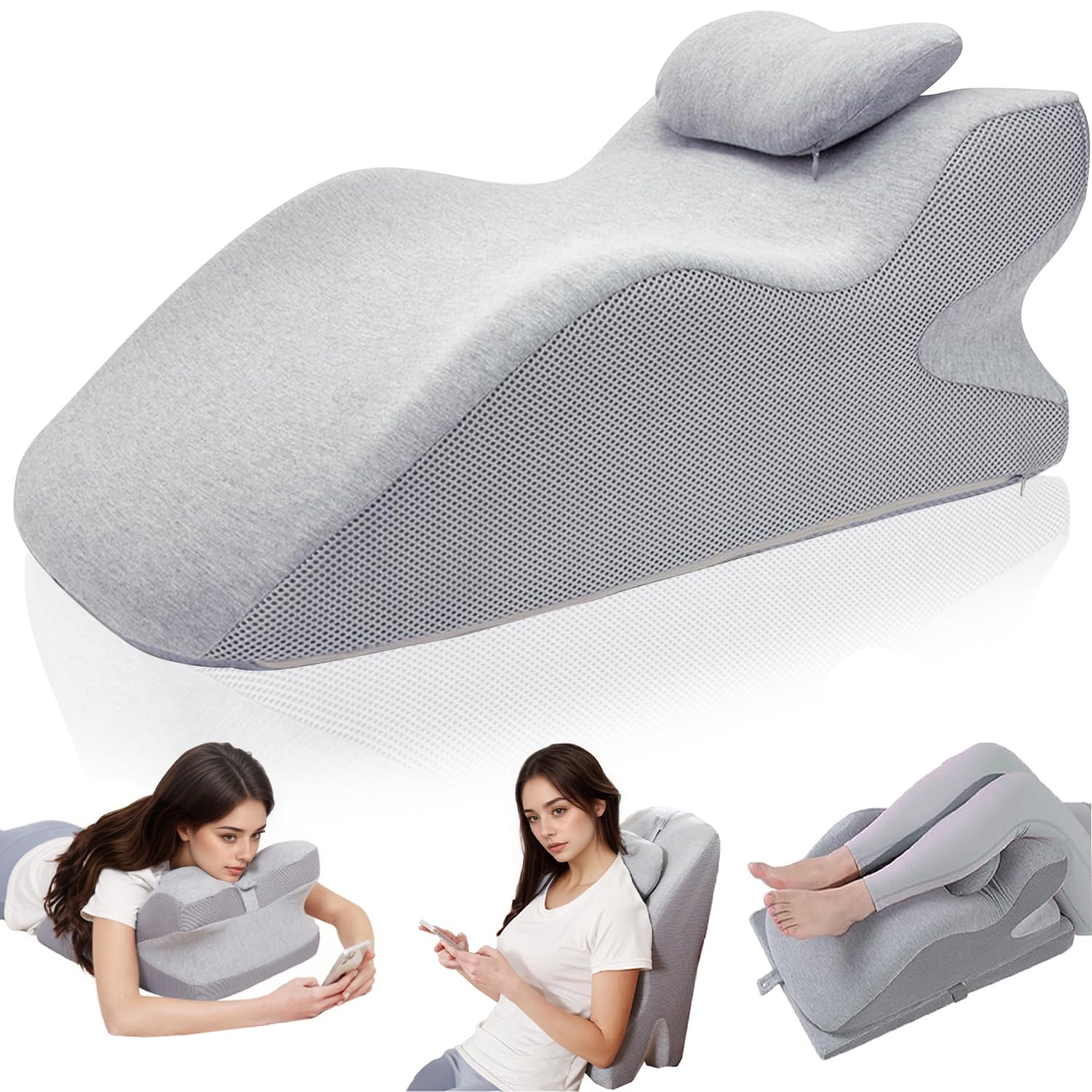 Exquilnova Wedge Pillow Support Cushion,Gray Reading Pillow,Ergonomic Back Support Pillow,CuddleCushion with Detachable Pillow,Lumbar Support Cushion for Sleeping,Reading,Sitting
