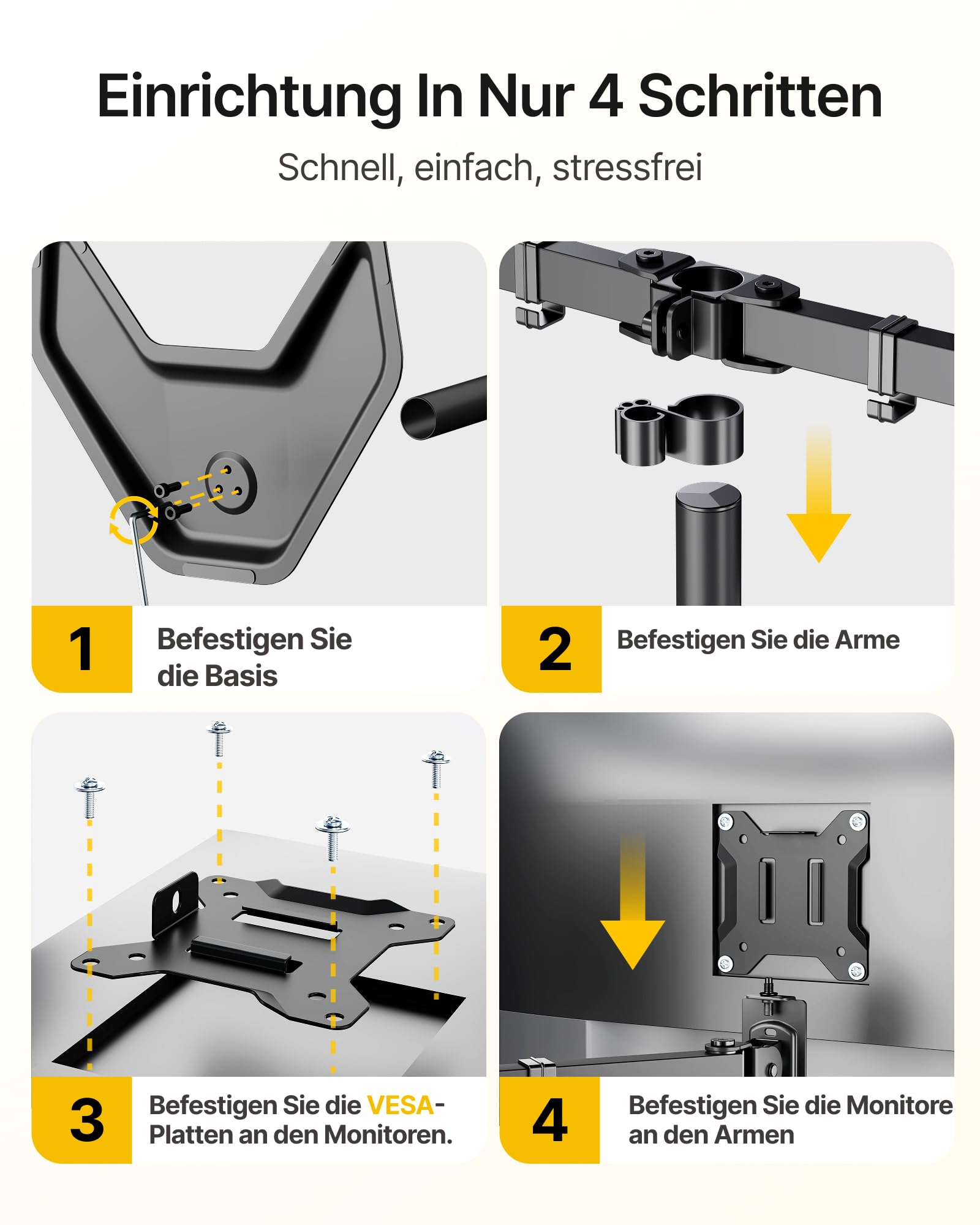 monTEK Soporte de monitor triple estable, soporte de escritorio totalmente ajustable para 3 pantallas de hasta 17 a 32 pulgadas cada una con capacidad de carga de 22 libras por brazo, base estable