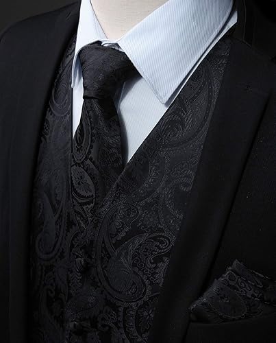 Miniatura 2 de Enlision Mens Vest Tie Set Paisley Vest and Necktie Pocket Square 3pc Formal Dress Waistcoat for Suit or Tuxedo
