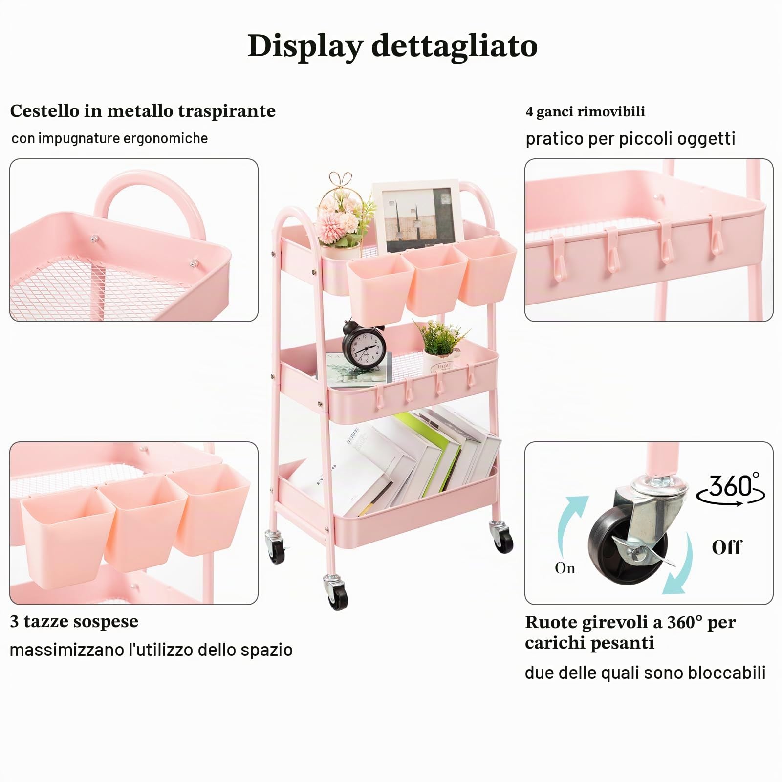danpinera Carrello portaoggetti a 3 livelli, carrello portaoggetti in metallo con ruote bloccabili, tazze e ganci appesi, carrello portaoggetti su ruote per bagno, cucina, artigianato, bellezza, rosa