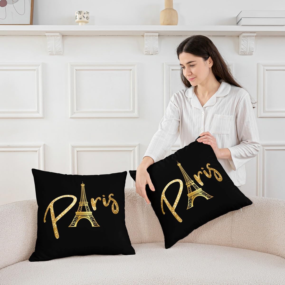 jejeloiu Eiffel Tower Throw Pillow Covers for Couch Sofa Bed, Set of 2 Paris Decor Decorative Pillows Cushion Covers,Trip Design Black Gold Pillow Inserts Not Included, 24x24 inch