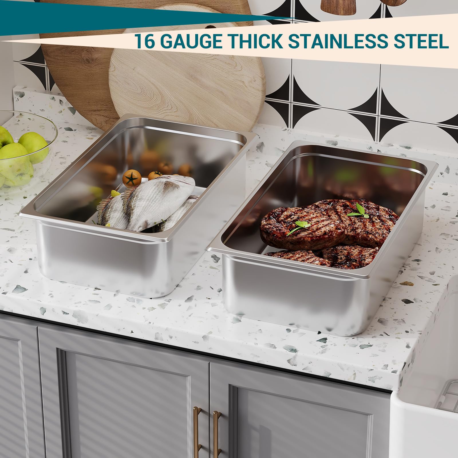 6 Pack Full Size Steam Table Pan 4 Inch Deep With Lid & Handle - NSF Certified Stainless Steel Hotel Pan