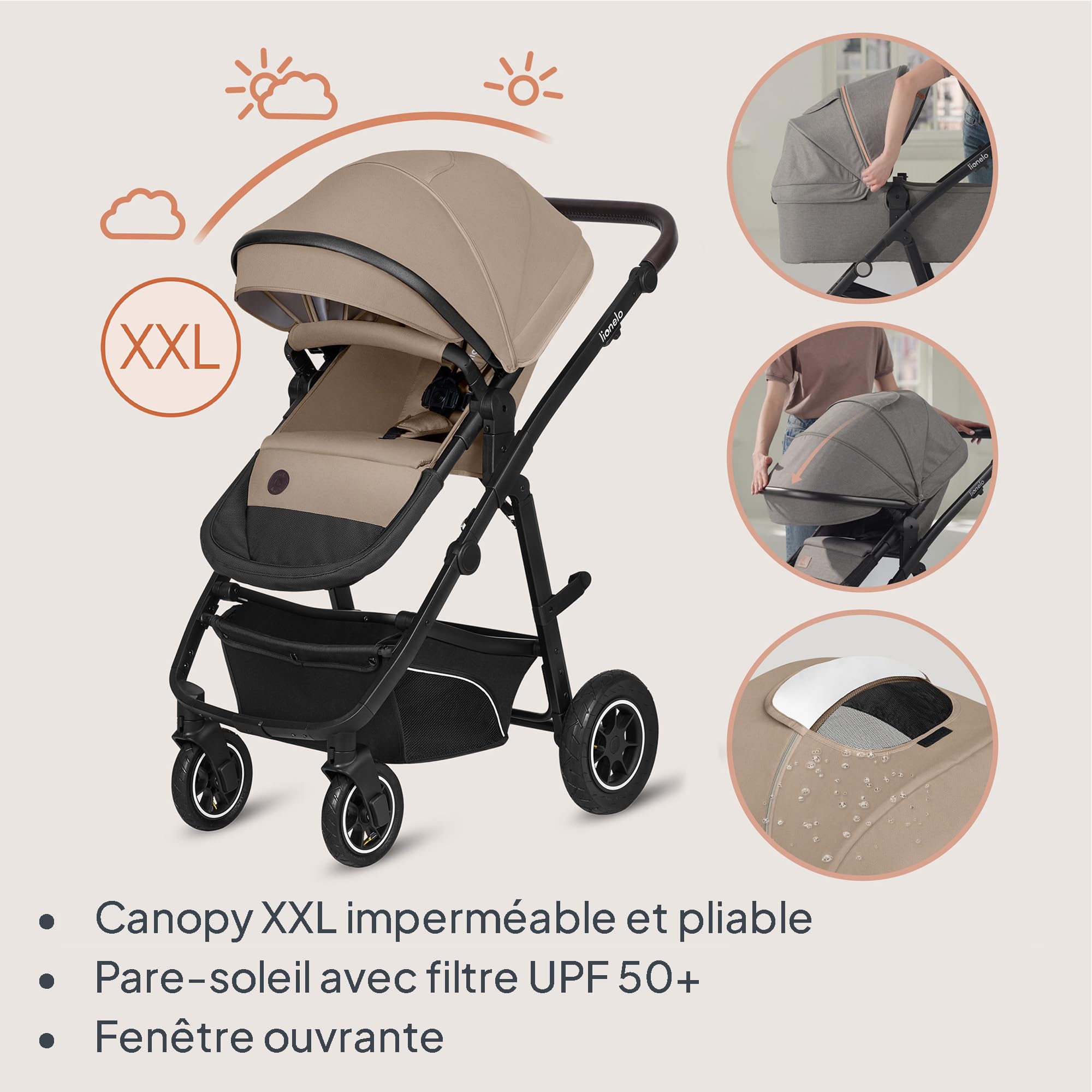 LIONELO BIANKA Poussette 3 en 1 max 22 kg Nacelle 9 kg Siège-auto 13 kg Pliable Système de Voyage Roues 360° Amorti Auvent XXL Trio