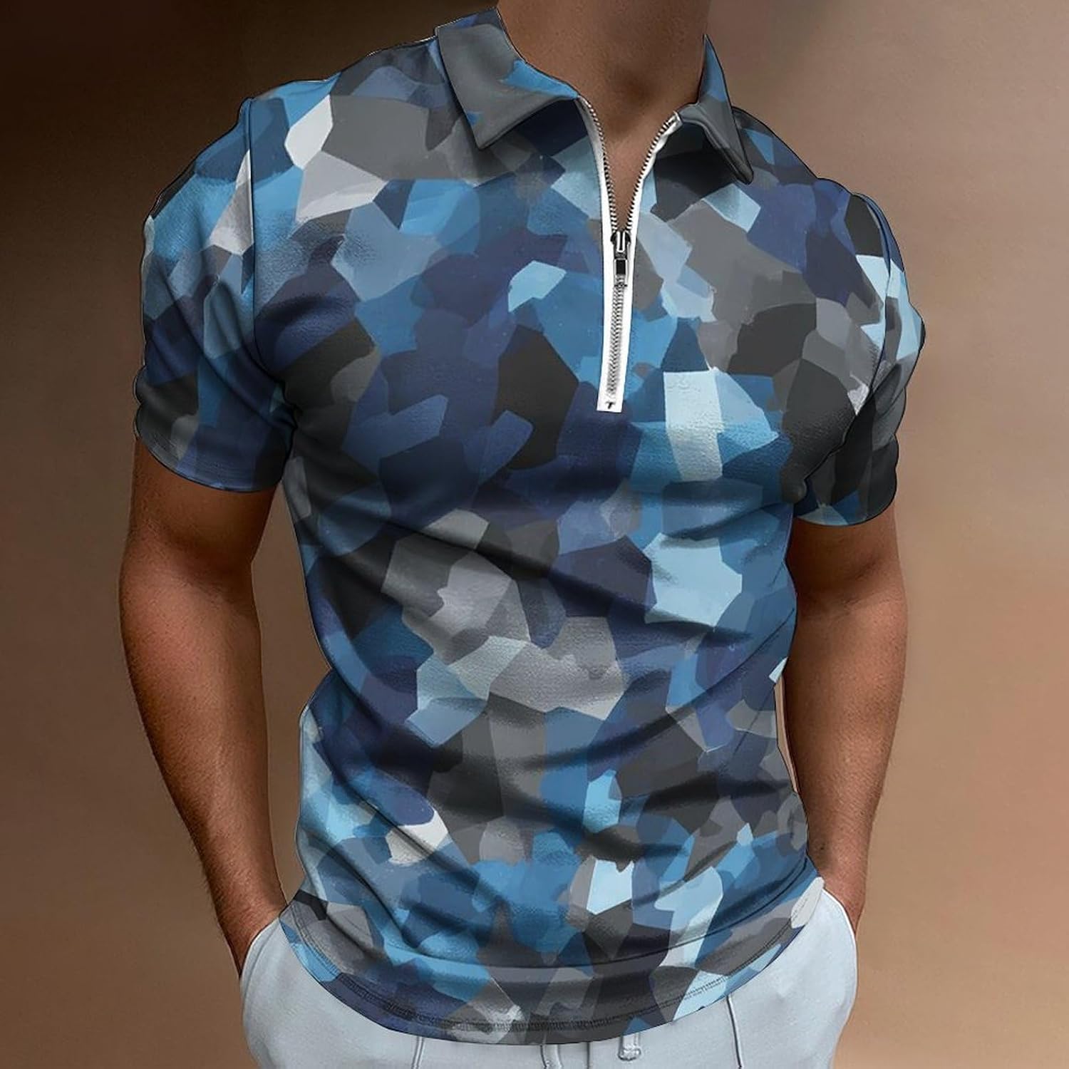 Blue Gray Camouflage Polo Shirts for Men Short Sleeve Athletic Golf Tees Tops