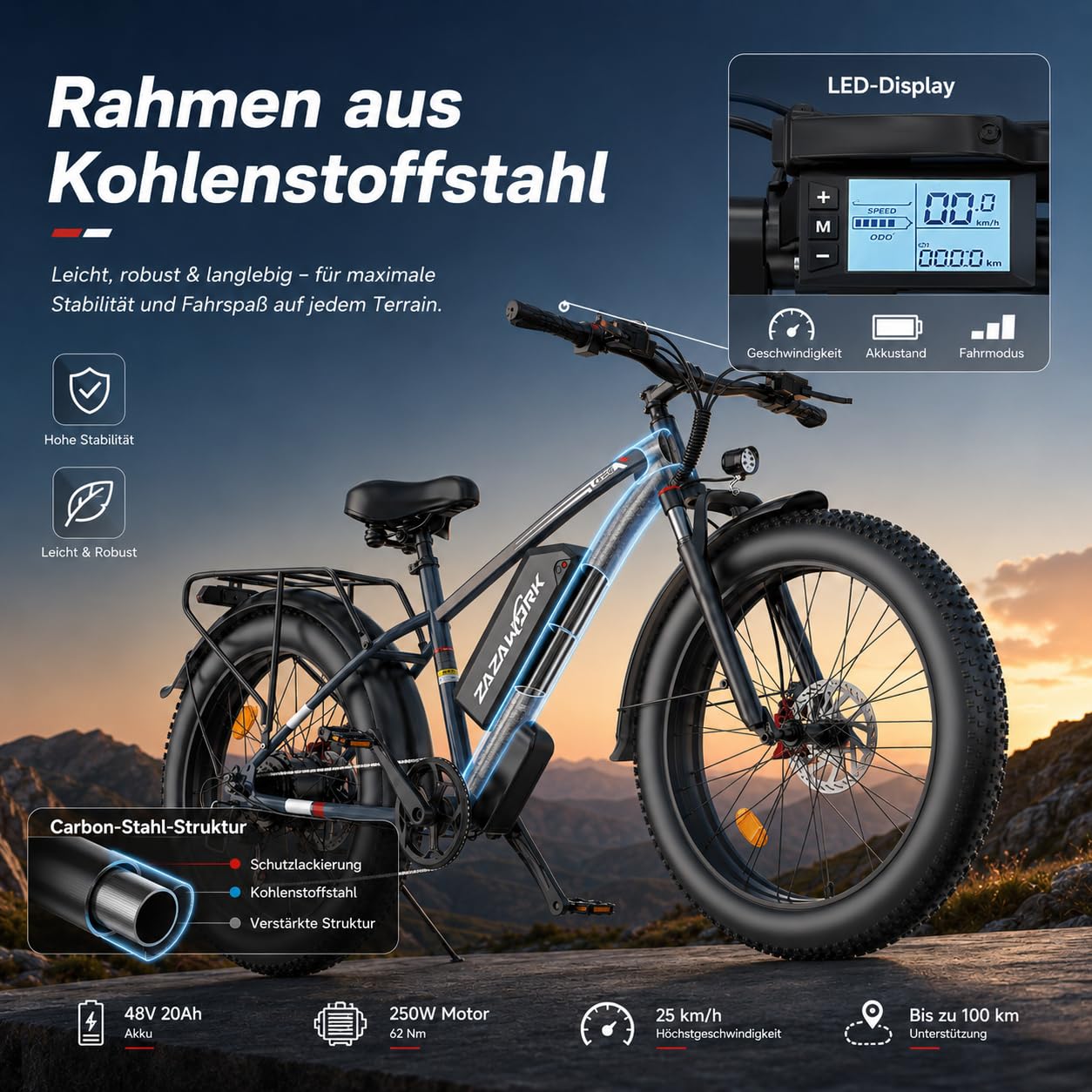 E-Bike Herren Mountainbike 250W Motor 25km/h，48V20AH Akku | 100-120km Reichweite, 48V20AH Akku, 7-Gang, Lockbare Federgabel & hydraulische Scheibenbremsen, Für Berg & Trail