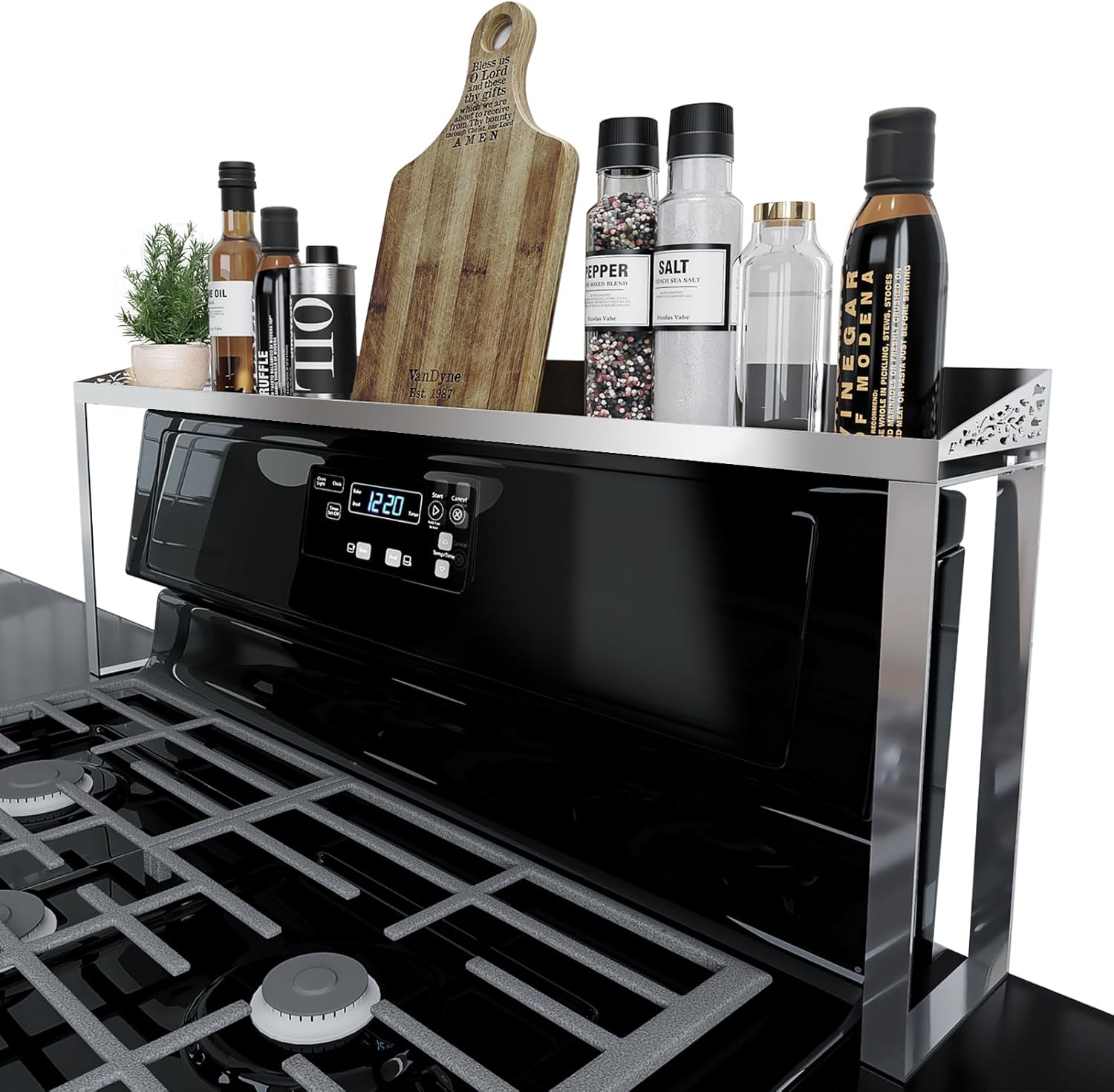 30-Inch Black Metal Over Stove Spice Rack Shelf – Magnetic Kitchen Organizer for Stove Top, Black Countertop Storage Rack for Spices, One-Piece Kitchen Gadgets