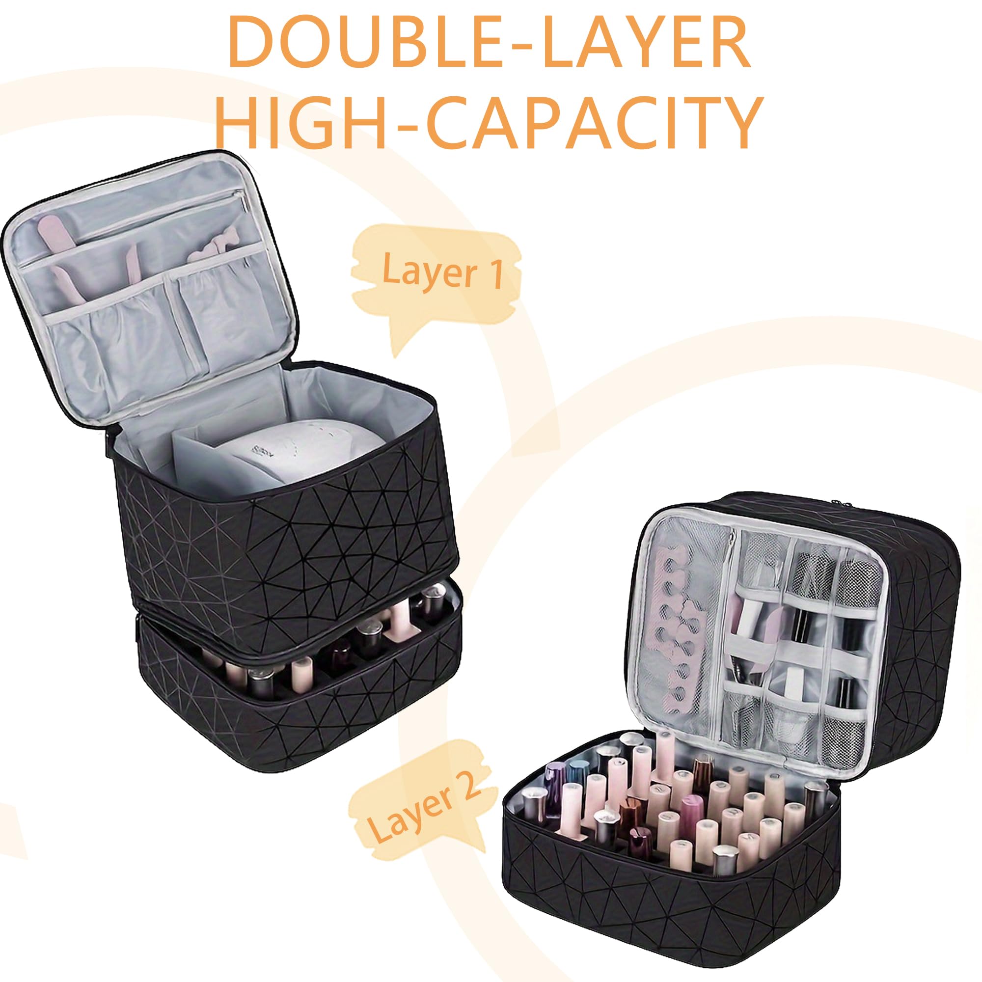 Organizador de esmalte de uñas de doble capa, rejilla de diamante negro, funda de transporte de esmalte de uñas, bolsa organizadora de maquillaje, bolsa de viaje de doble capa, bolsas de