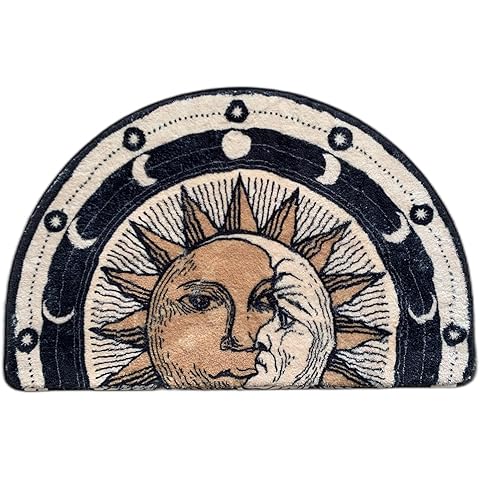 Semi Round Boho Bathmat Sun and Moon Fun Bath Mat Non Slip Washable Bathroom Decor Half Circle Bohemian Home Floor Doormat Semicircle Indoor Rug (White, Short Pile)