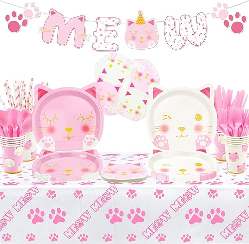 167 piezas de suministros para fiesta de cumpleaños de gatos Cartel de gatito MEOW, platos de papel de gato, servilletas, vasos, manteles,