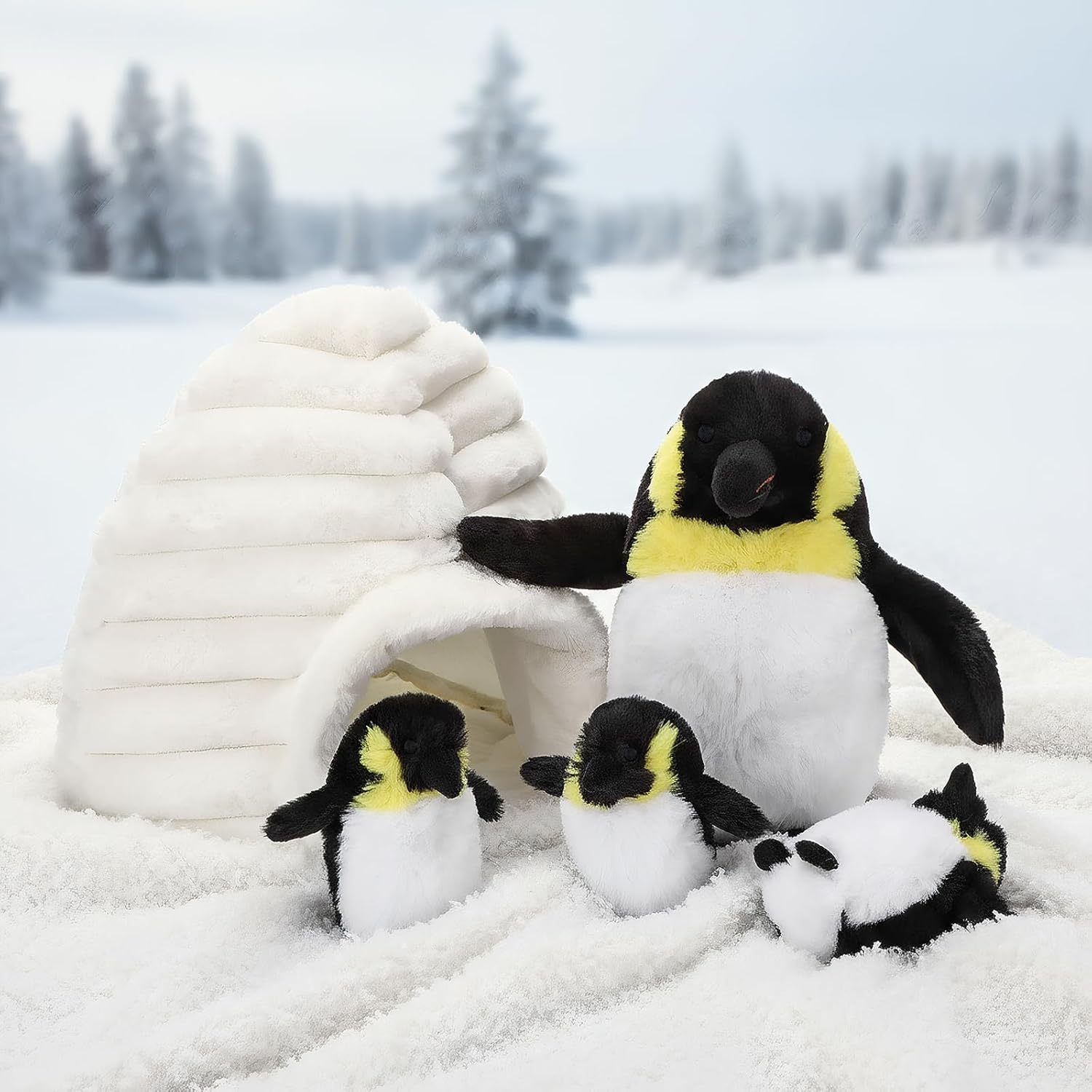 5 Pcs Penguin Stuffed Animal and Igloo Gift Set 10 Inch Mommy Penguin and 3 Cute Plush Babies with 10.6 Inch Igloo Wrapping Soft Cute Animal Plushie for Birthday Party Decor Social Gifts